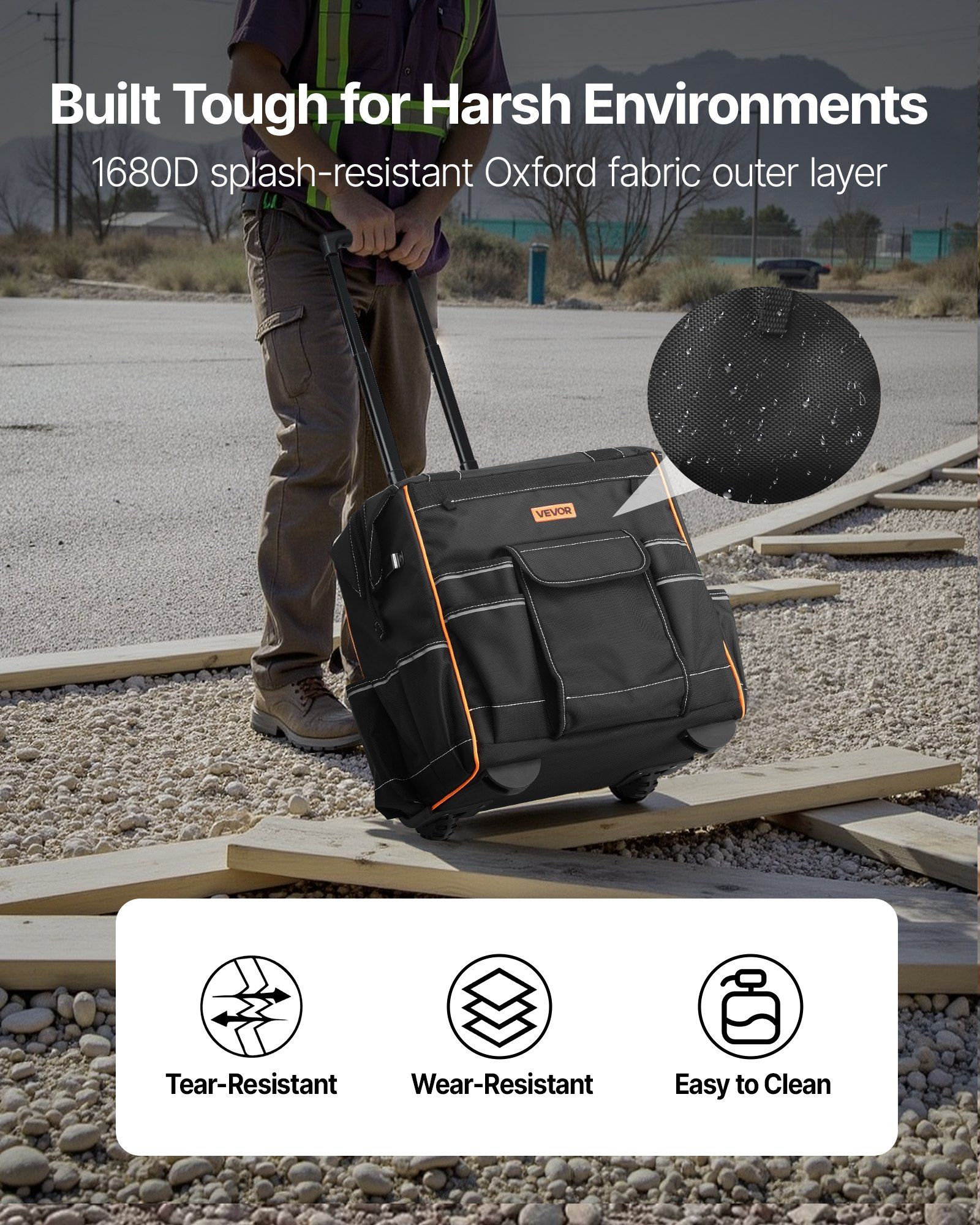 Rolling Tool Bag, 110 lbs Load Capacity, 25 Pockets Heavy Duty Roller Tool Bag on Wheels, Adjustable Telescoping Handle & Stable Base, Toolbag Organizers with Wheels for Construction, Mechanic - Image 3