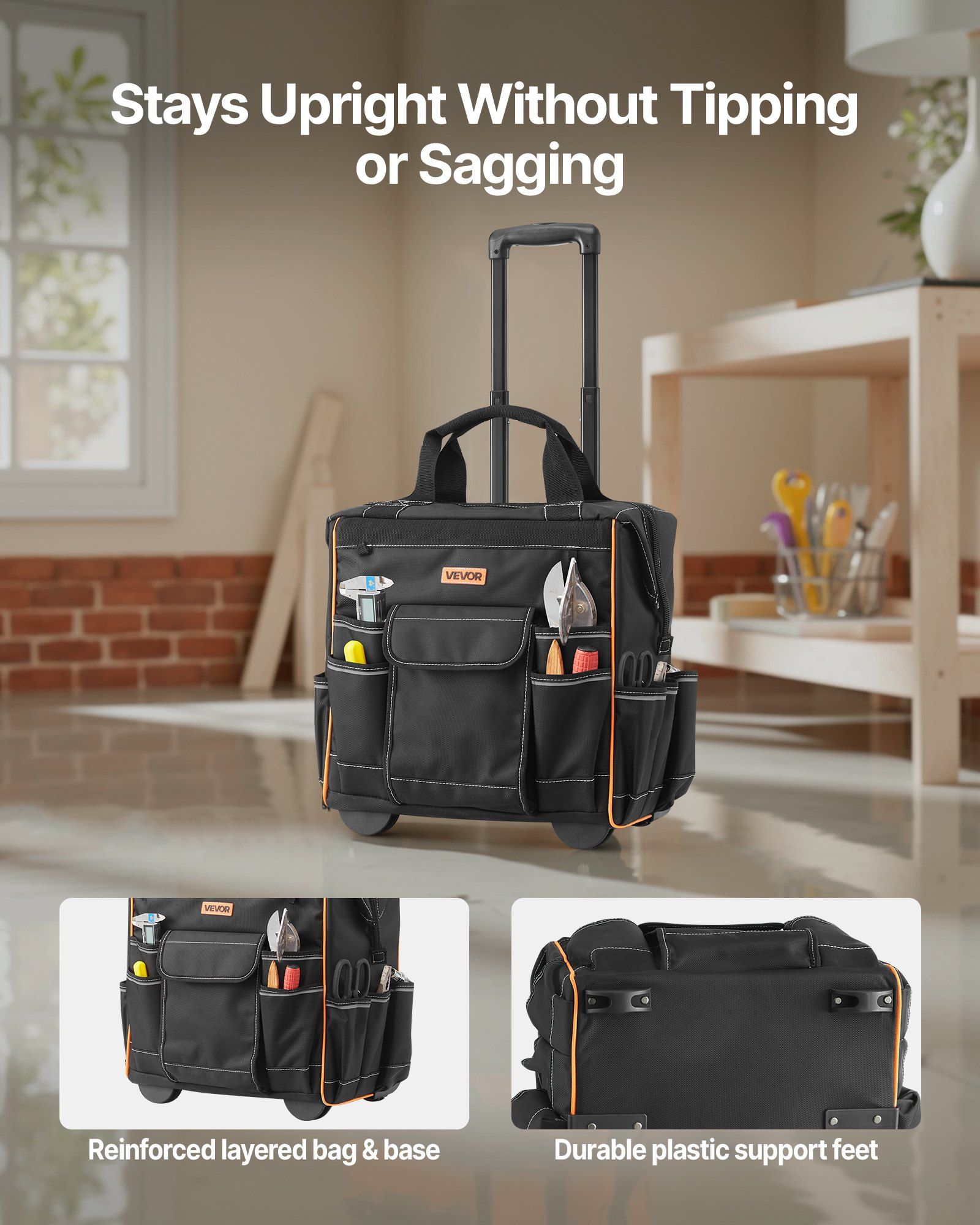 Rolling Tool Bag, 110 lbs Load Capacity, 25 Pockets Heavy Duty Roller Tool Bag on Wheels, Adjustable Telescoping Handle & Stable Base, Toolbag Organizers with Wheels for Construction, Mechanic - Image 5