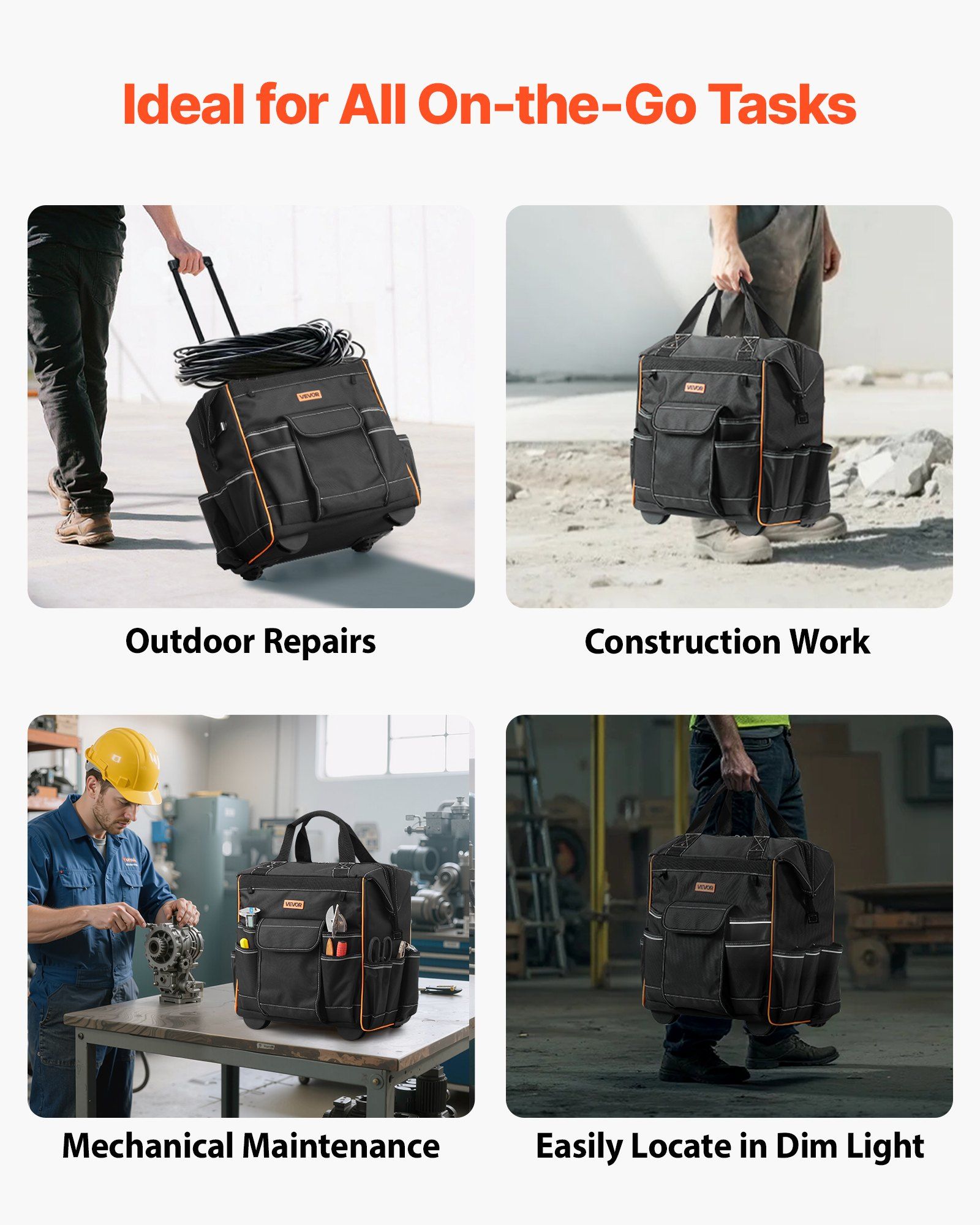 Rolling Tool Bag, 110 lbs Load Capacity, 25 Pockets Heavy Duty Roller Tool Bag on Wheels, Adjustable Telescoping Handle & Stable Base, Toolbag Organizers with Wheels for Construction, Mechanic - Image 6