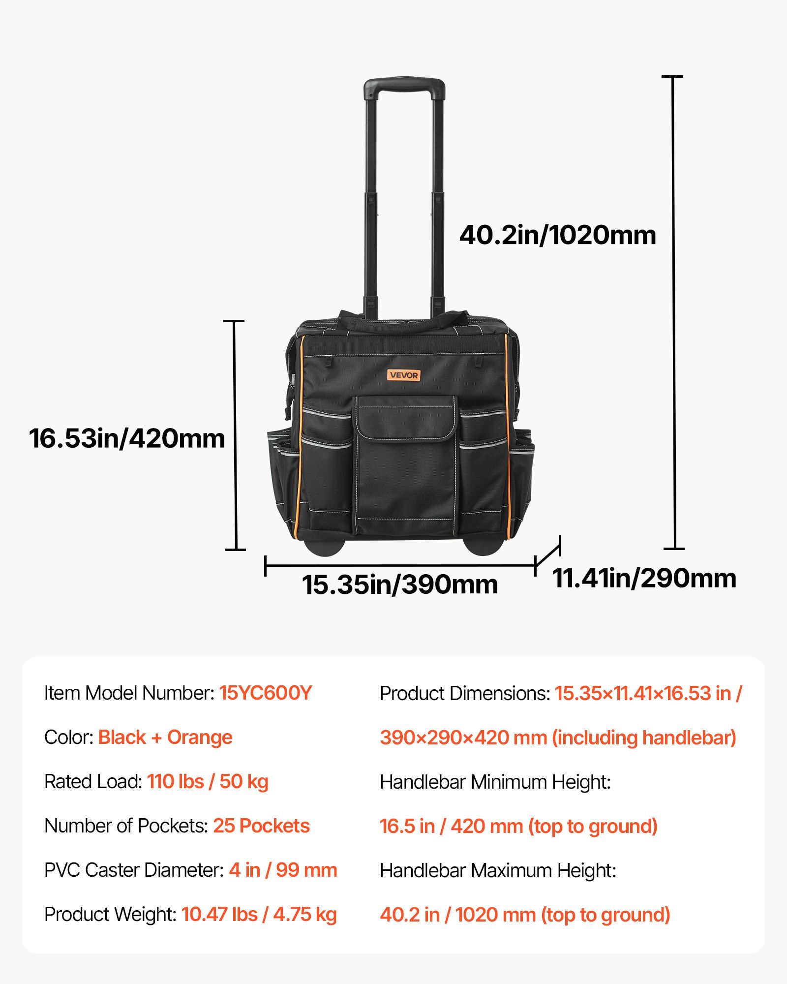 Rolling Tool Bag, 110 lbs Load Capacity, 25 Pockets Heavy Duty Roller Tool Bag on Wheels, Adjustable Telescoping Handle & Stable Base, Toolbag Organizers with Wheels for Construction, Mechanic - Image 7