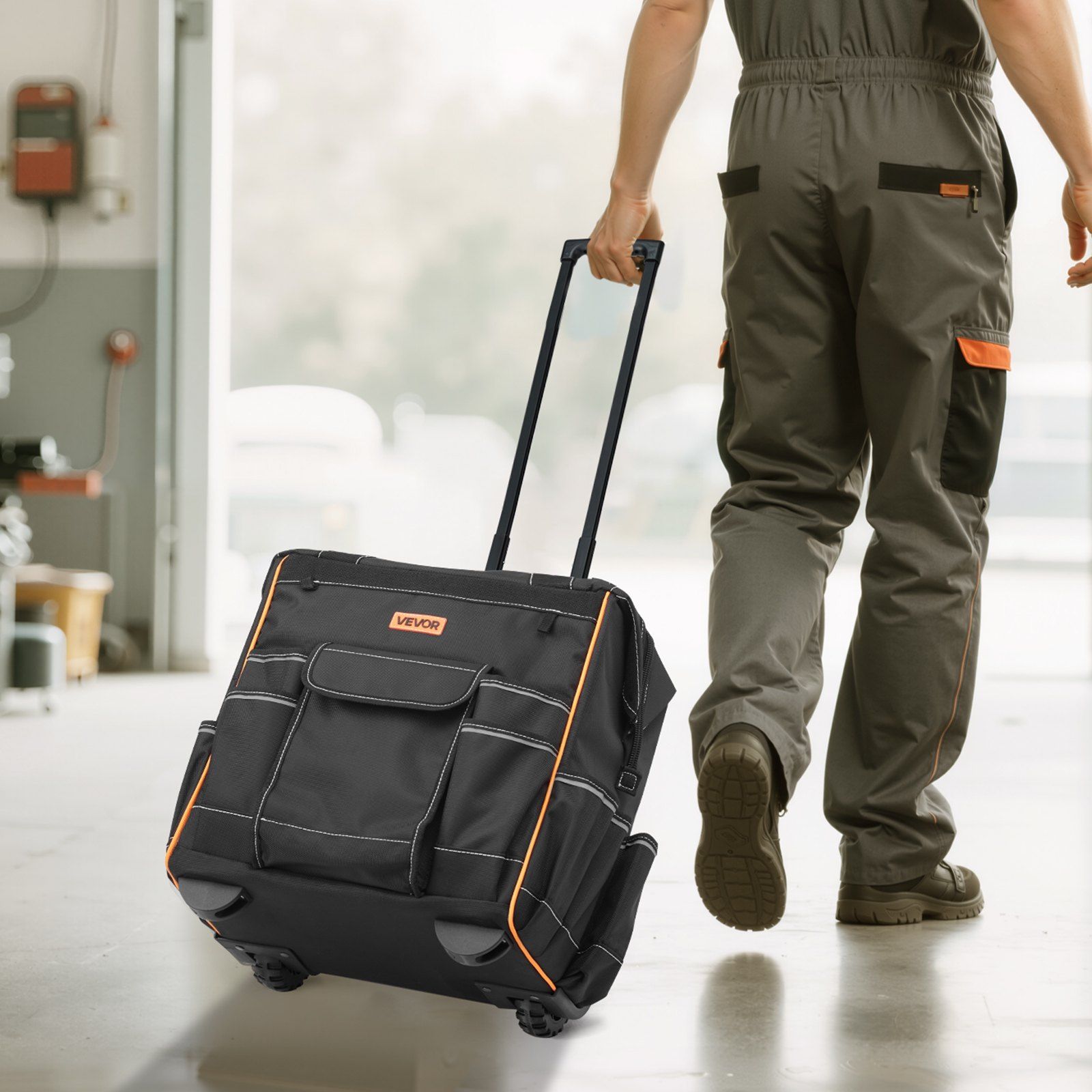 Rolling Tool Bag, 110 lbs Load Capacity, 25 Pockets Heavy Duty Roller Tool Bag on Wheels, Adjustable Telescoping Handle & Stable Base, Toolbag Organizers with Wheels for Construction, Mechanic - Image 8