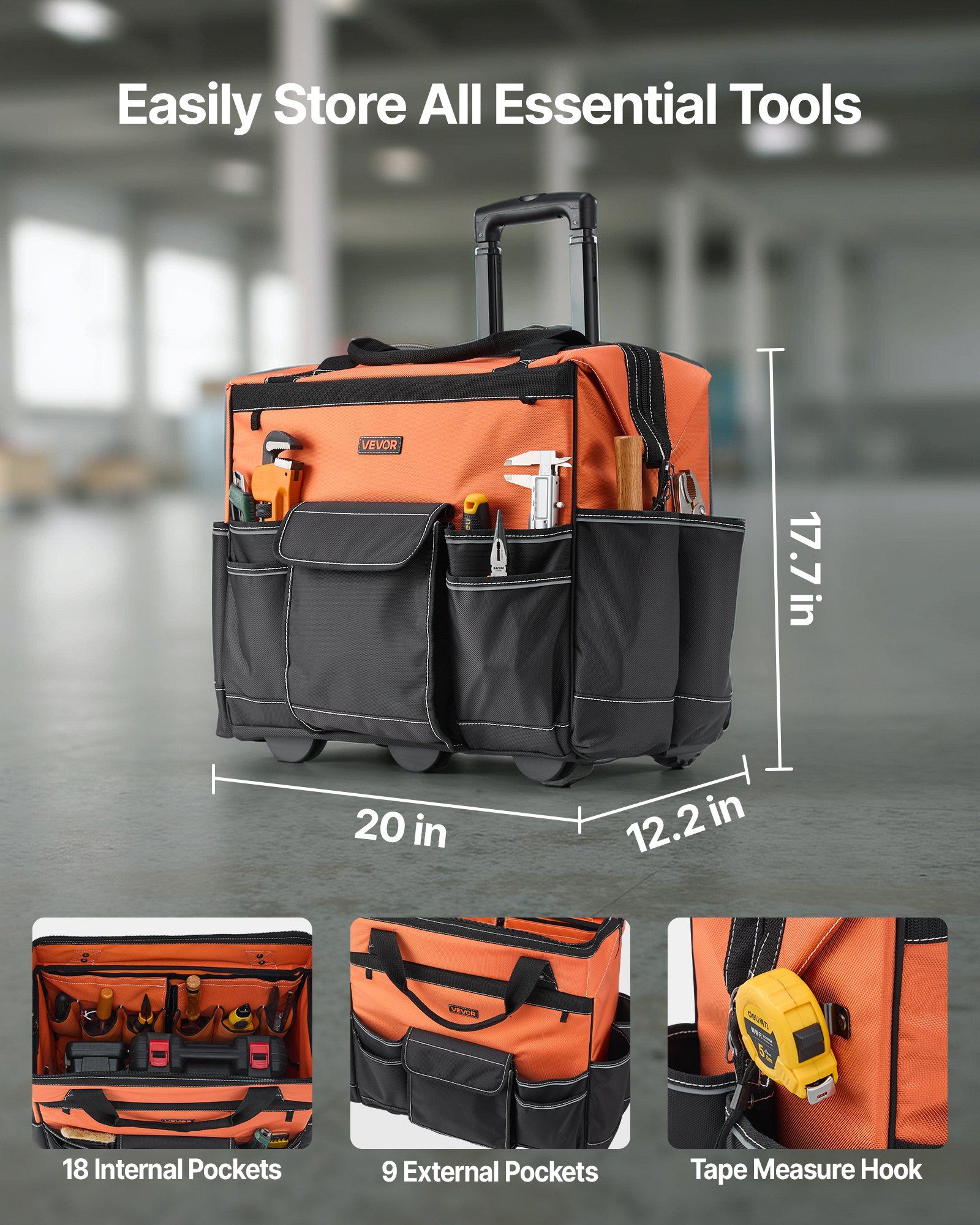 Rolling Tool Bag, 110 lbs Load Capacity, 27 Pockets Heavy Duty Roller Tool Bag on Wheels, Adjustable Telescoping Handle & Stable Base, Toolbag Organizers with Wheels for Construction, Mechanic - Image 2
