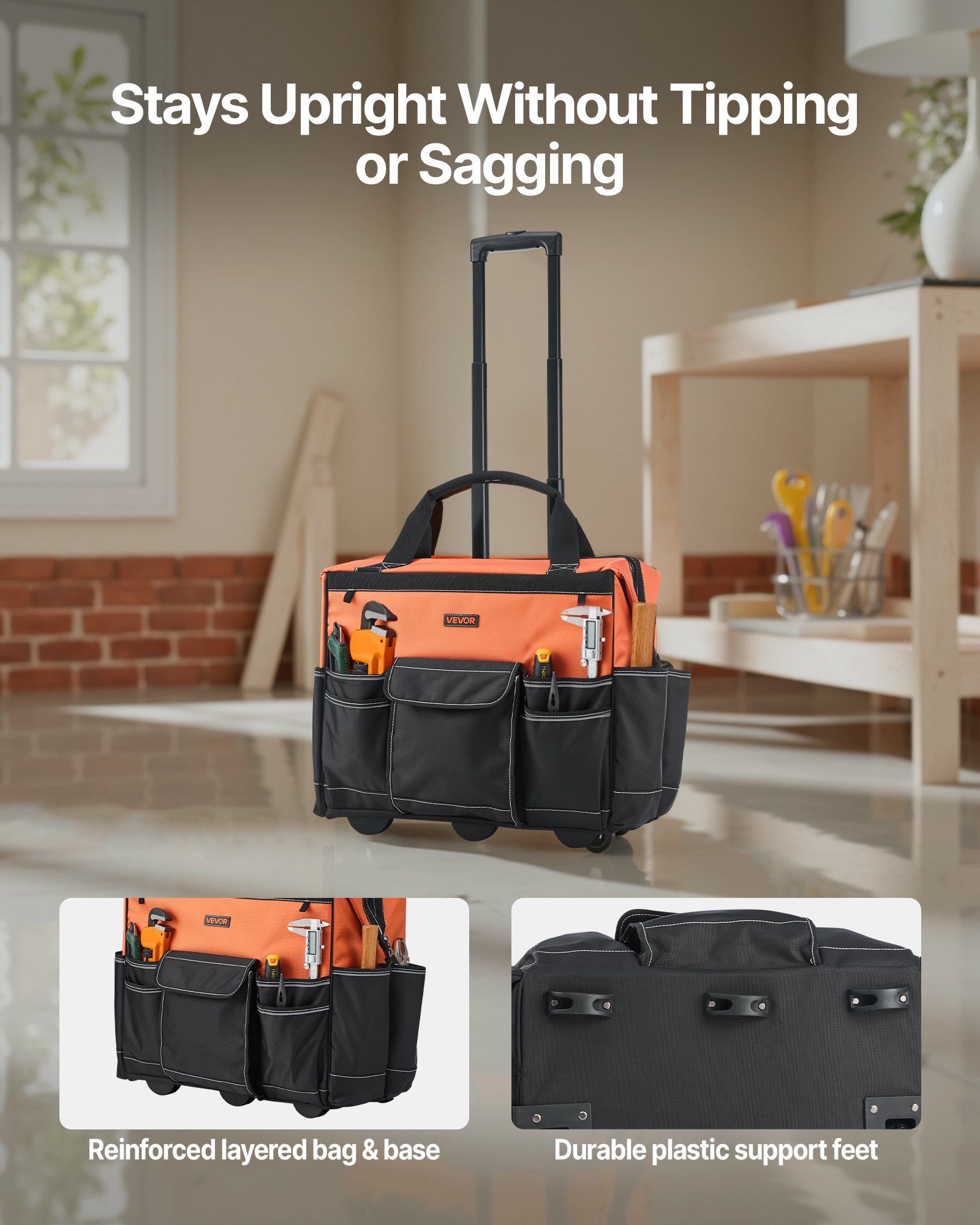 Rolling Tool Bag, 110 lbs Load Capacity, 27 Pockets Heavy Duty Roller Tool Bag on Wheels, Adjustable Telescoping Handle & Stable Base, Toolbag Organizers with Wheels for Construction, Mechanic - Image 5