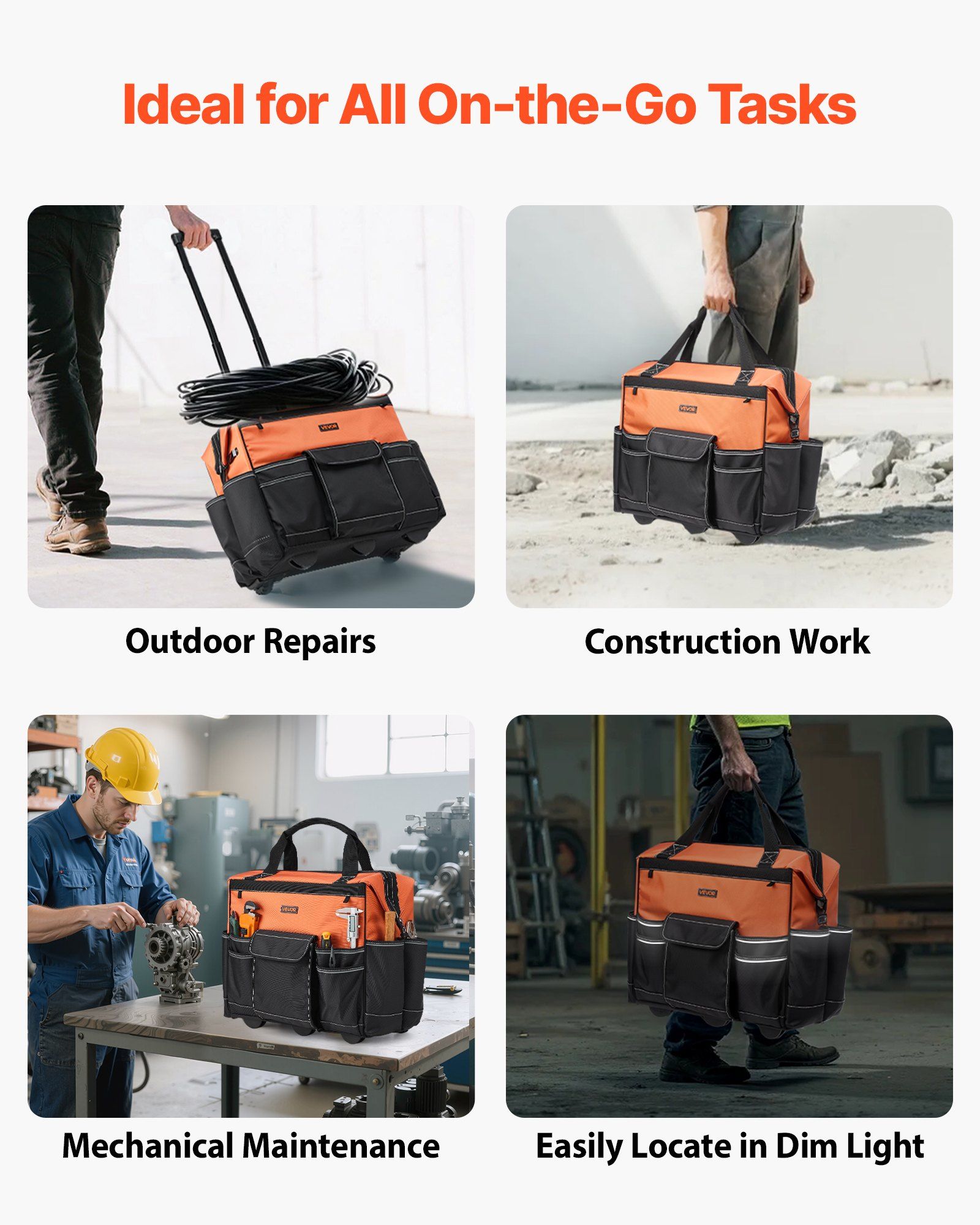 Rolling Tool Bag, 110 lbs Load Capacity, 27 Pockets Heavy Duty Roller Tool Bag on Wheels, Adjustable Telescoping Handle & Stable Base, Toolbag Organizers with Wheels for Construction, Mechanic - Image 6