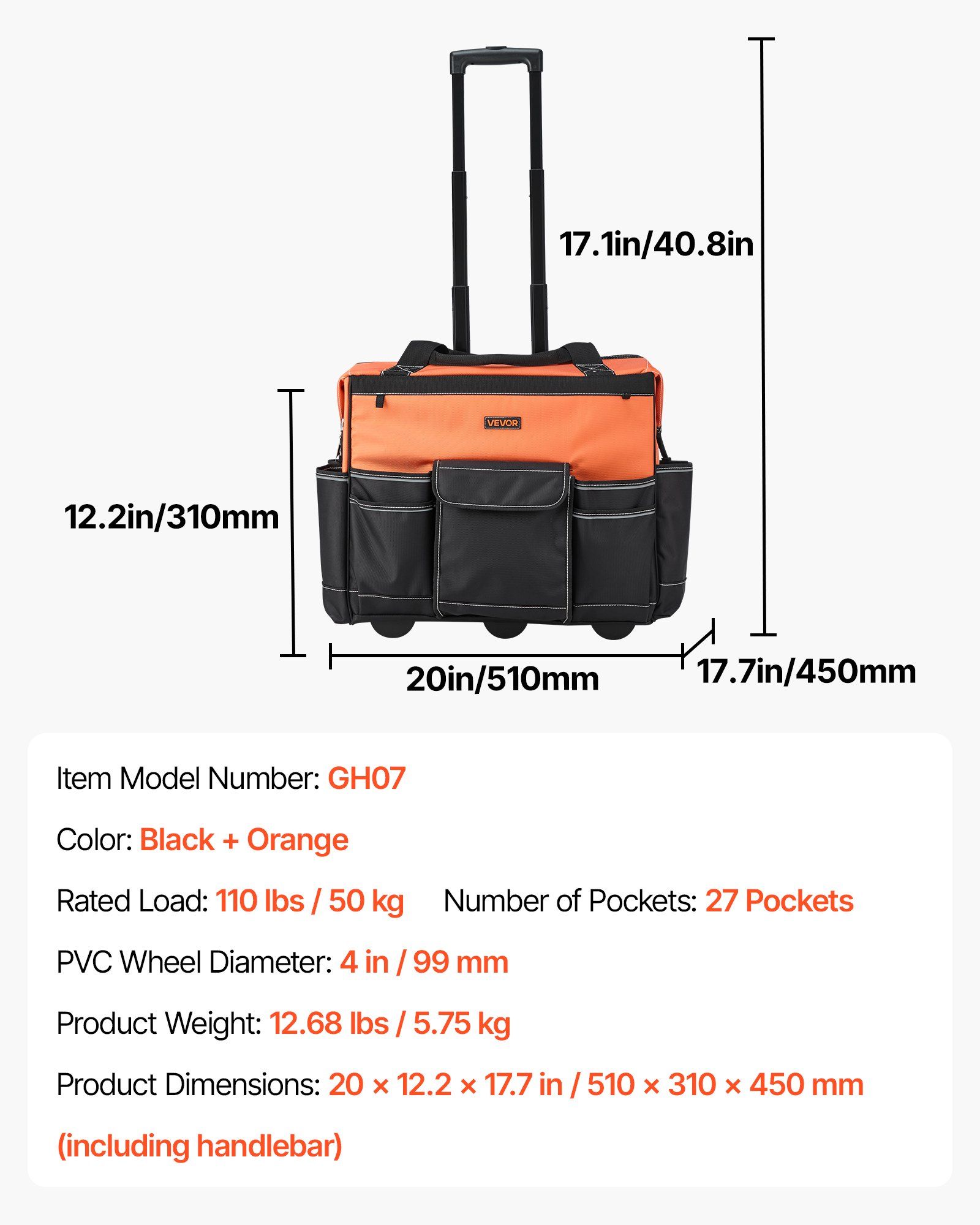 Rolling Tool Bag, 110 lbs Load Capacity, 27 Pockets Heavy Duty Roller Tool Bag on Wheels, Adjustable Telescoping Handle & Stable Base, Toolbag Organizers with Wheels for Construction, Mechanic - Image 7