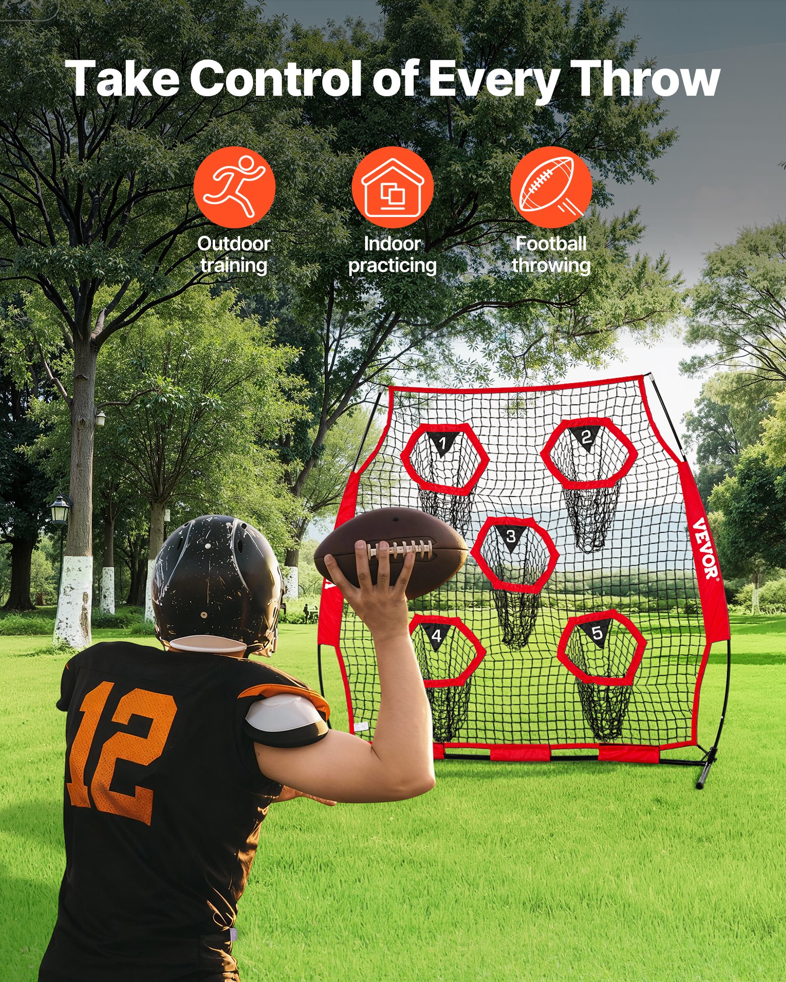 1828.8x1828.8mm Football Trainer Throwing Net, Training Throwing Target Practice Net with 5 Target Pockets, Knotless Net Includes Straps and Portable Carry Case, Improve QB Throwing Accuracy,Red - Image 2