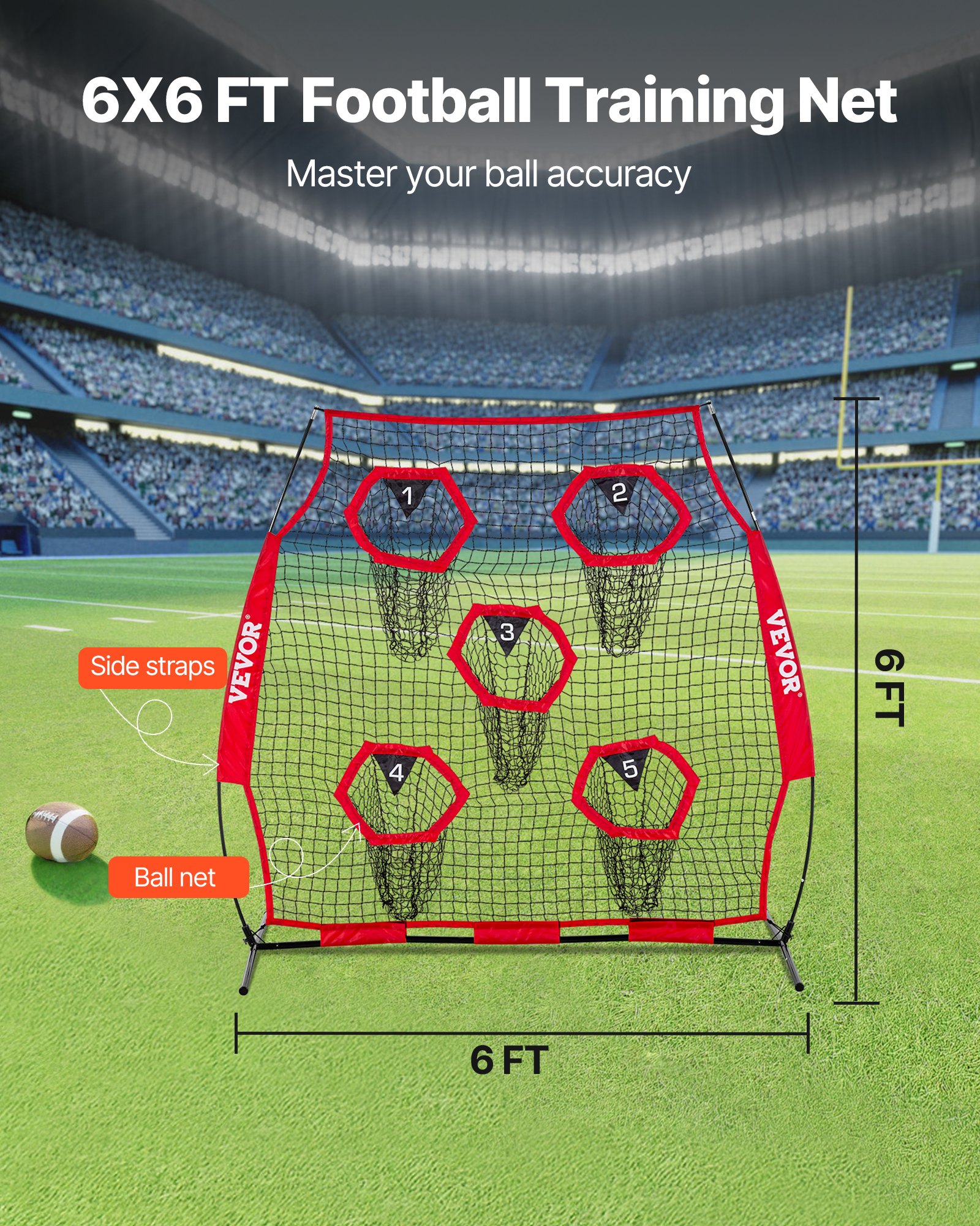 1828.8x1828.8mm Football Trainer Throwing Net, Training Throwing Target Practice Net with 5 Target Pockets, Knotless Net Includes Straps and Portable Carry Case, Improve QB Throwing Accuracy,Red - Image 3