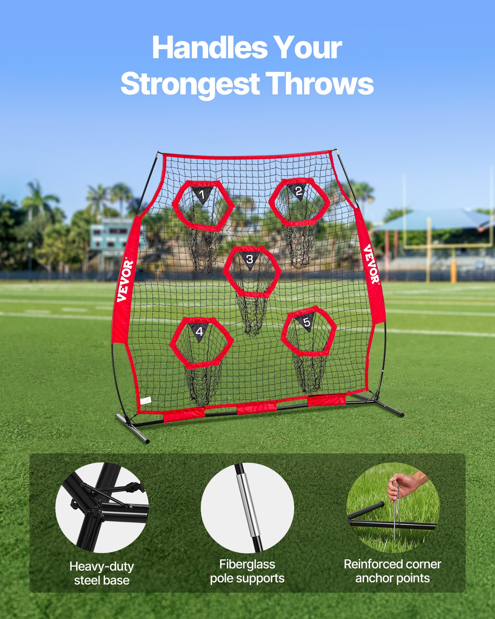 1828.8x1828.8mm Football Trainer Throwing Net, Training Throwing Target Practice Net with 5 Target Pockets, Knotless Net Includes Straps and Portable Carry Case, Improve QB Throwing Accuracy,Red - Image 4