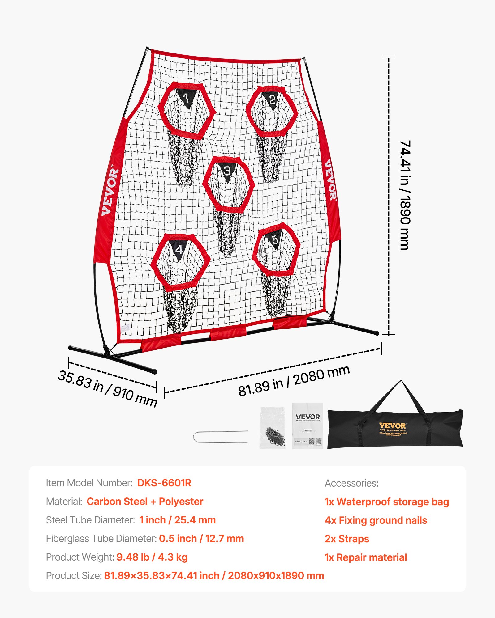 1828.8x1828.8mm Football Trainer Throwing Net, Training Throwing Target Practice Net with 5 Target Pockets, Knotless Net Includes Straps and Portable Carry Case, Improve QB Throwing Accuracy,Red - Image 7