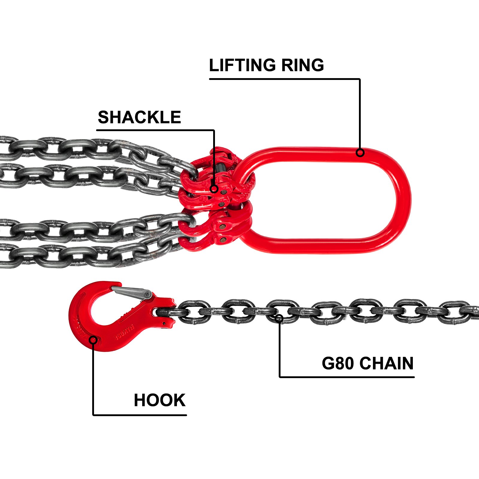 Chain Sling, 8 mm x 1m Lifting Chains with Hooks, G80 Engine Chain Hoist Lifts, 5 Ton Load Capacity Lifting Sling Chains for Engine Hoist, Engine Lift Chain with 4 Leg Grab Hooks Heavy Duty - Image 3