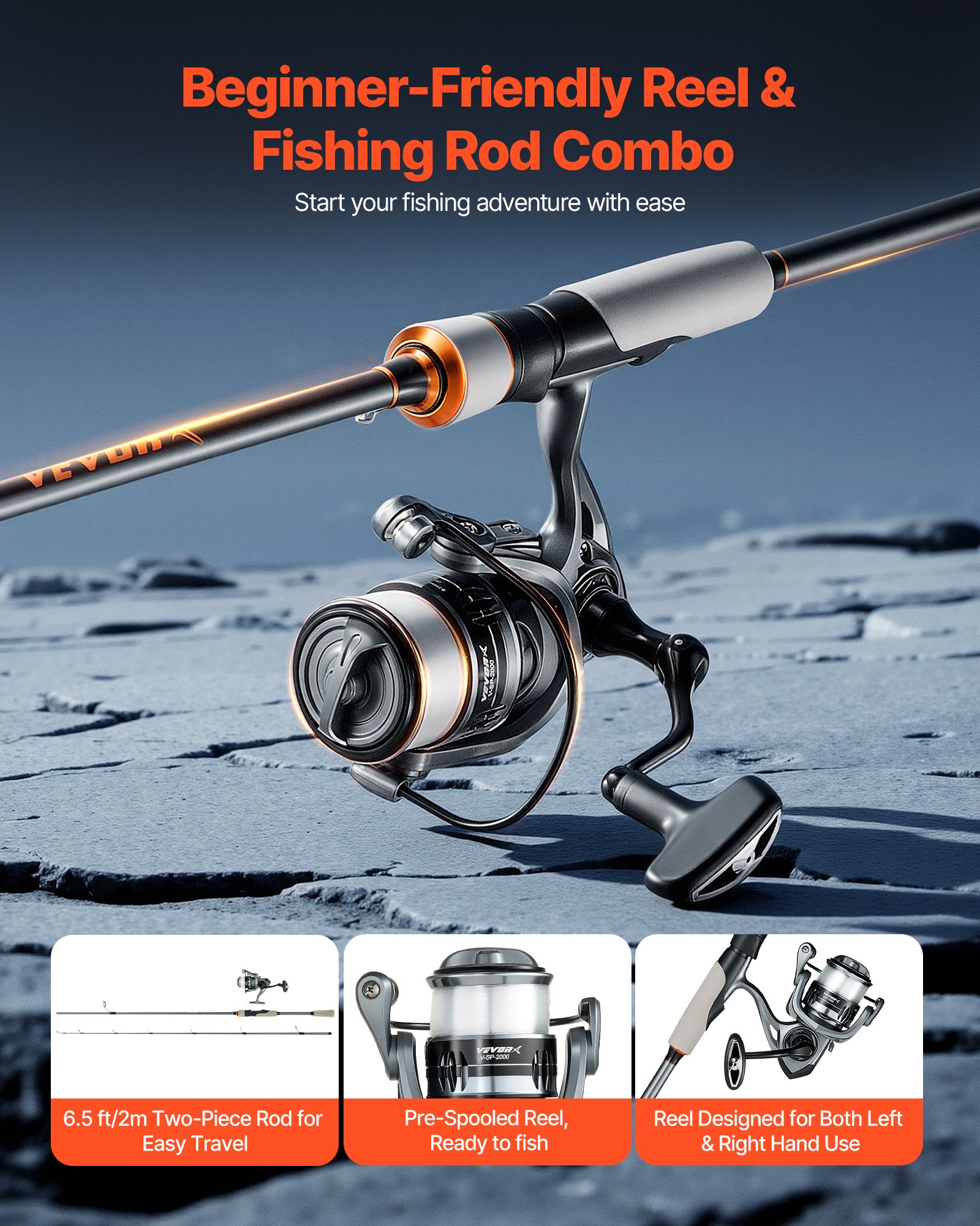 Rod and Fishing Reel Combo, IM6 Fiberglass & Carbon Fiber Spinning Rod and Reel Combo, Bass Fishing Pole with 2m Two-Piece Rods, 6+1 Ball Bearings, Stainless Steel Guides with Ceramic Rings - Image 2