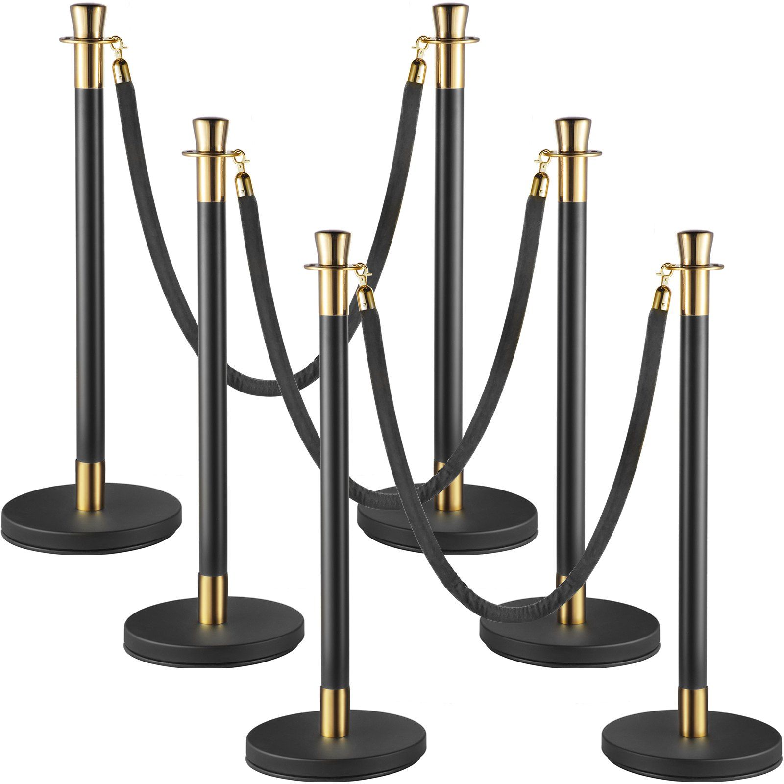 Crowd Control Stanchion, Set of 6 Pieces Stanchion Set, Stanchion Set with 5 ft/1.5 m Black Velvet Rope, Black Crowd Control Barrier with Sturdy Concrete and Metal Base – Easy Connect Assembly - Image 1