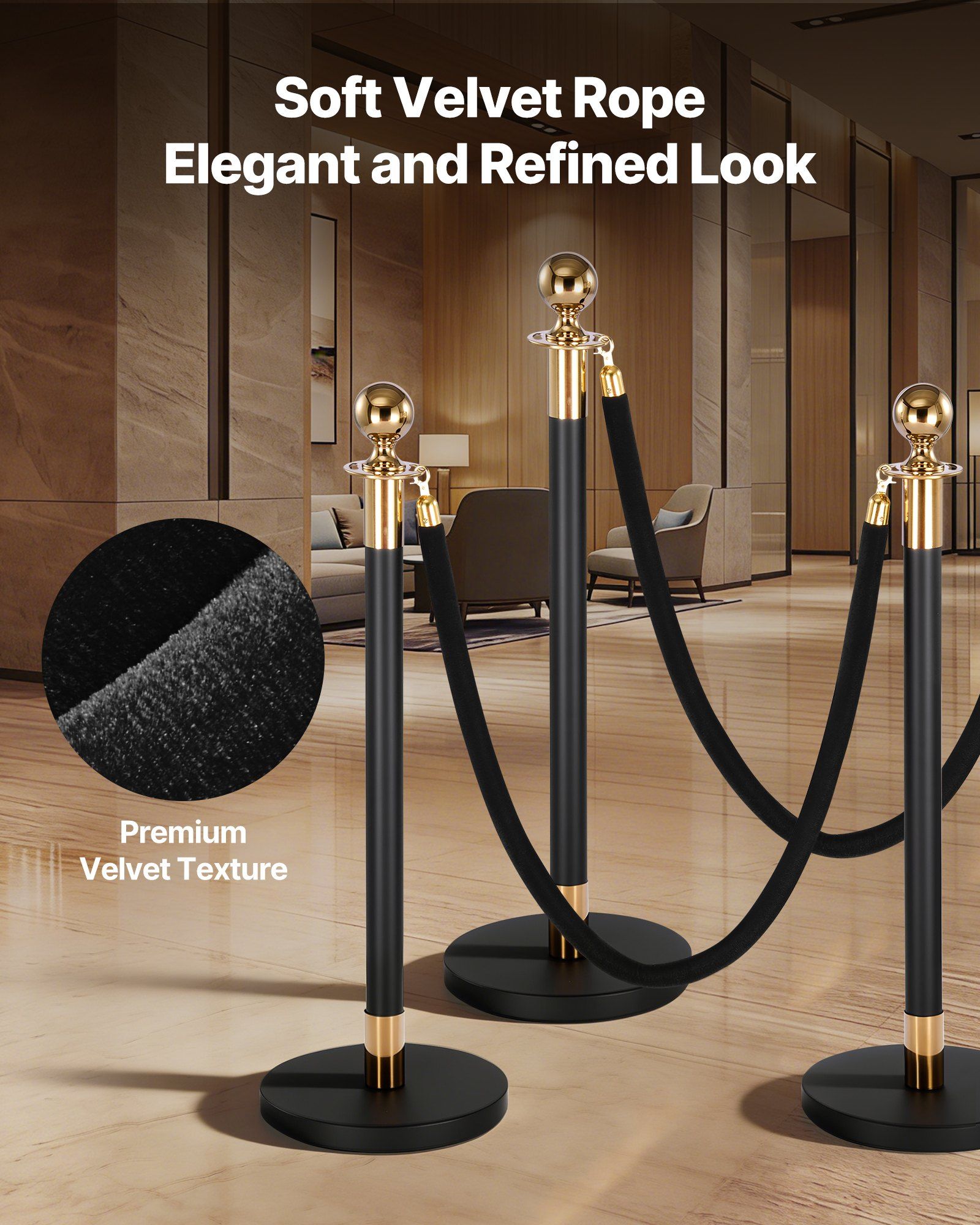 2 Pcs Black Velvet Stanchion Ropes, 1.5 m Crowd Control Stanchion Black Velvet Ropes with Gold Hooks, Post Queue Barrier Carpet Rope for Carpet Events Movie Theaters Grand Openings Hotels Party - Image 2
