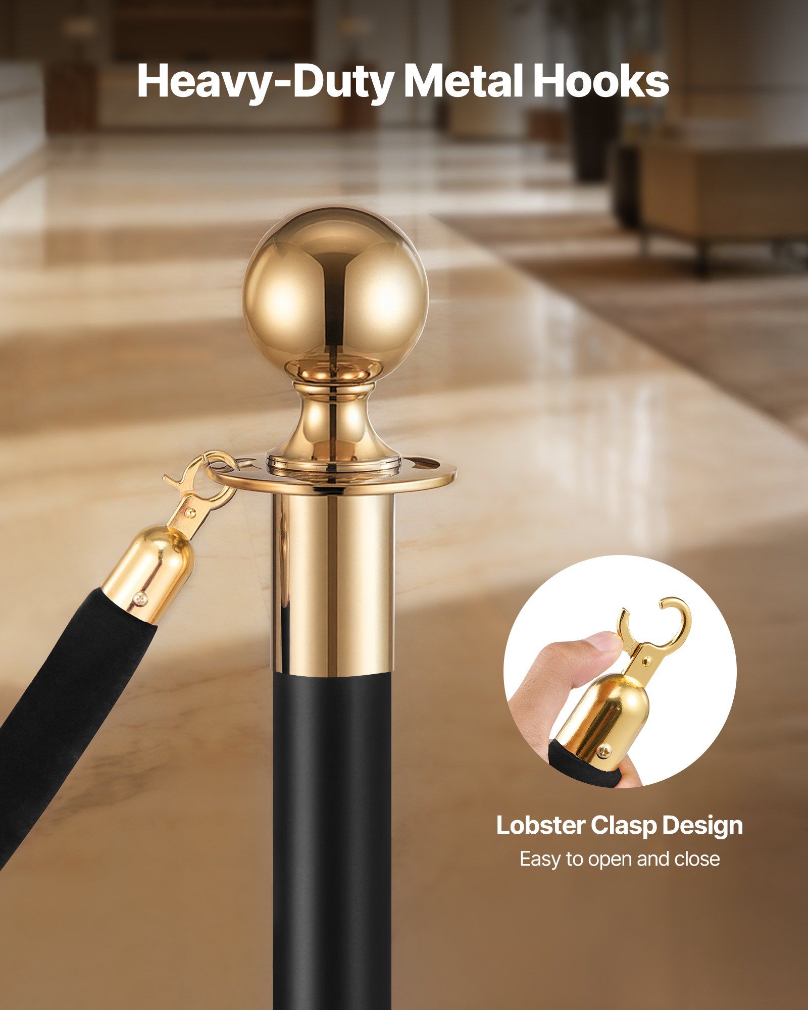 2 Pcs Black Velvet Stanchion Ropes, 1.5 m Crowd Control Stanchion Black Velvet Ropes with Gold Hooks, Post Queue Barrier Carpet Rope for Carpet Events Movie Theaters Grand Openings Hotels Party - Image 3