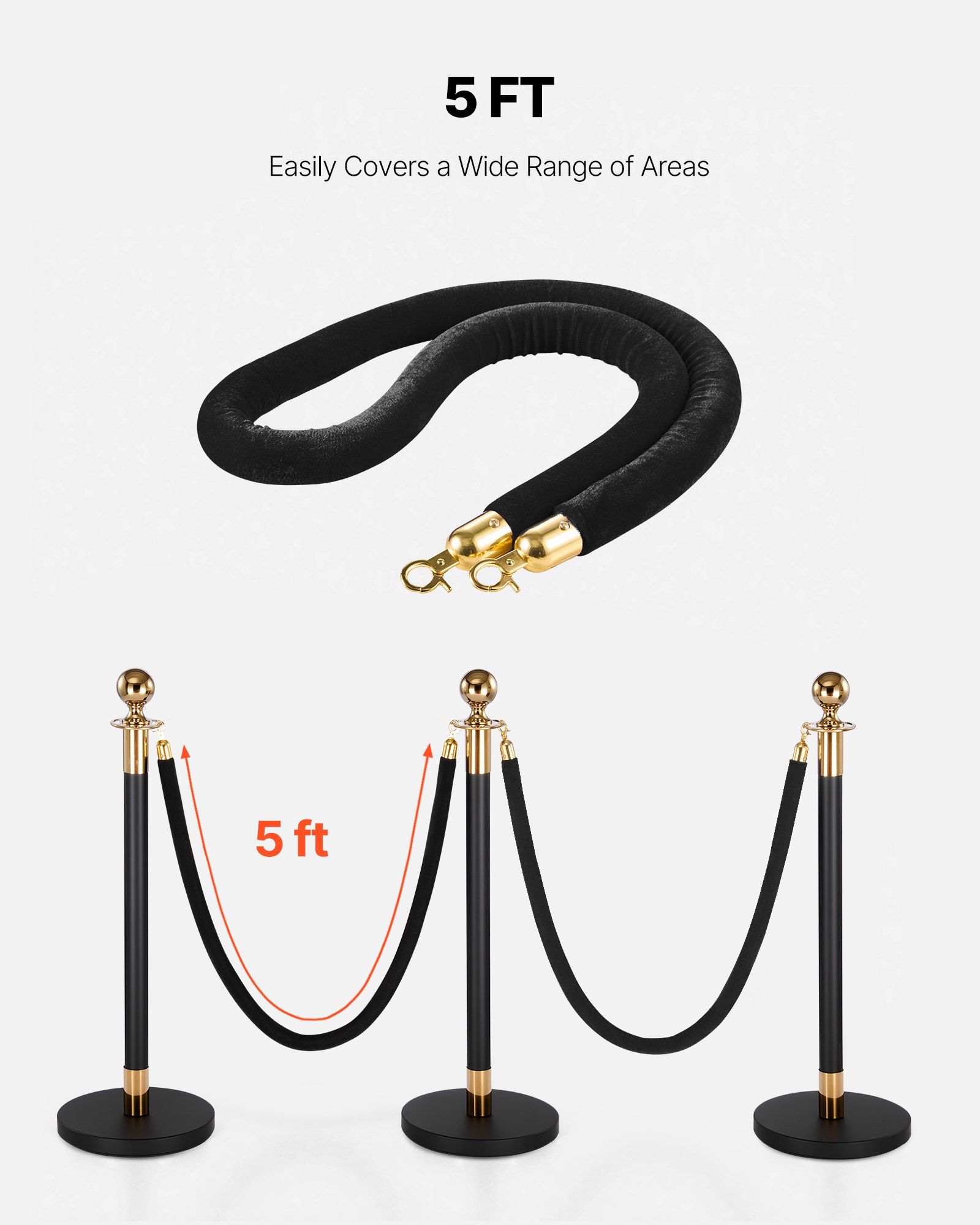 2 Pcs Black Velvet Stanchion Ropes, 1.5 m Crowd Control Stanchion Black Velvet Ropes with Gold Hooks, Post Queue Barrier Carpet Rope for Carpet Events Movie Theaters Grand Openings Hotels Party - Image 5