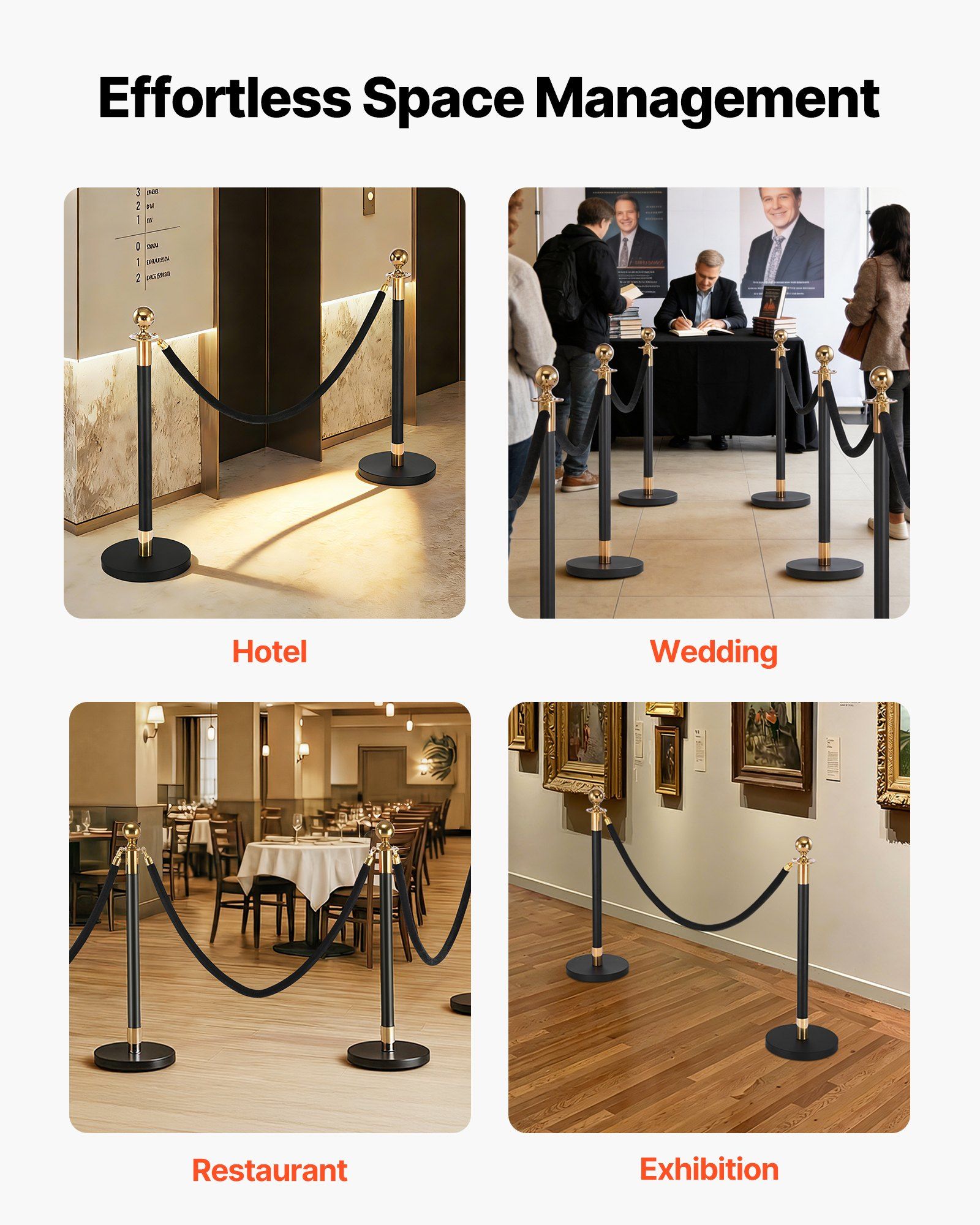 2 Pcs Black Velvet Stanchion Ropes, 1.5 m Crowd Control Stanchion Black Velvet Ropes with Gold Hooks, Post Queue Barrier Carpet Rope for Carpet Events Movie Theaters Grand Openings Hotels Party - Image 6