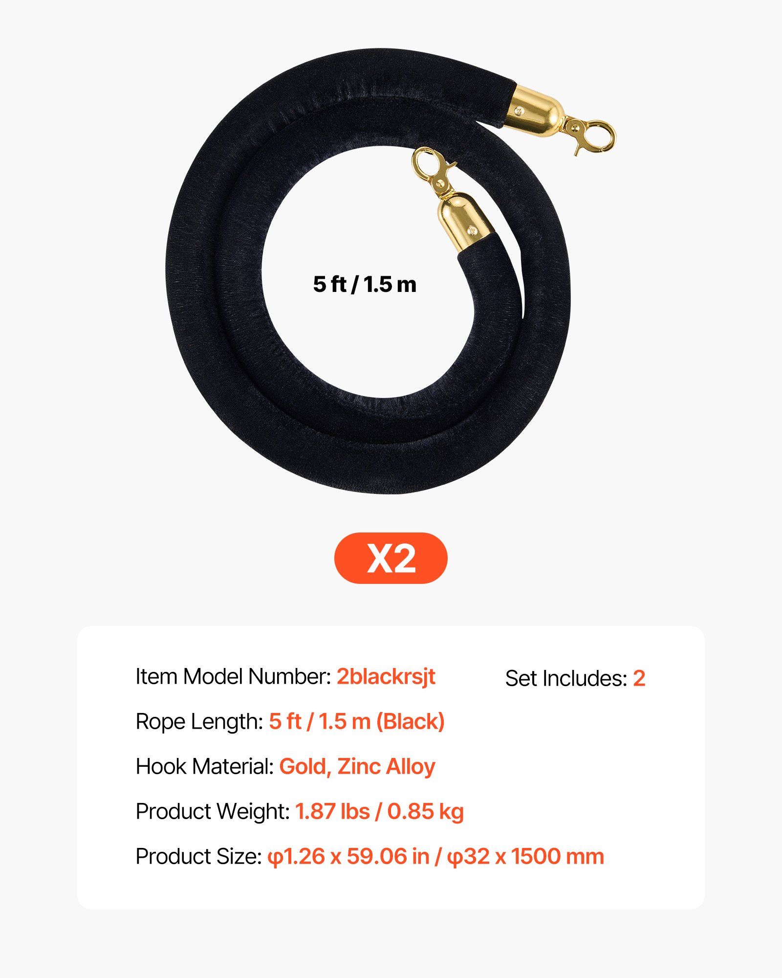 2 Pcs Black Velvet Stanchion Ropes, 1.5 m Crowd Control Stanchion Black Velvet Ropes with Gold Hooks, Post Queue Barrier Carpet Rope for Carpet Events Movie Theaters Grand Openings Hotels Party - Image 7