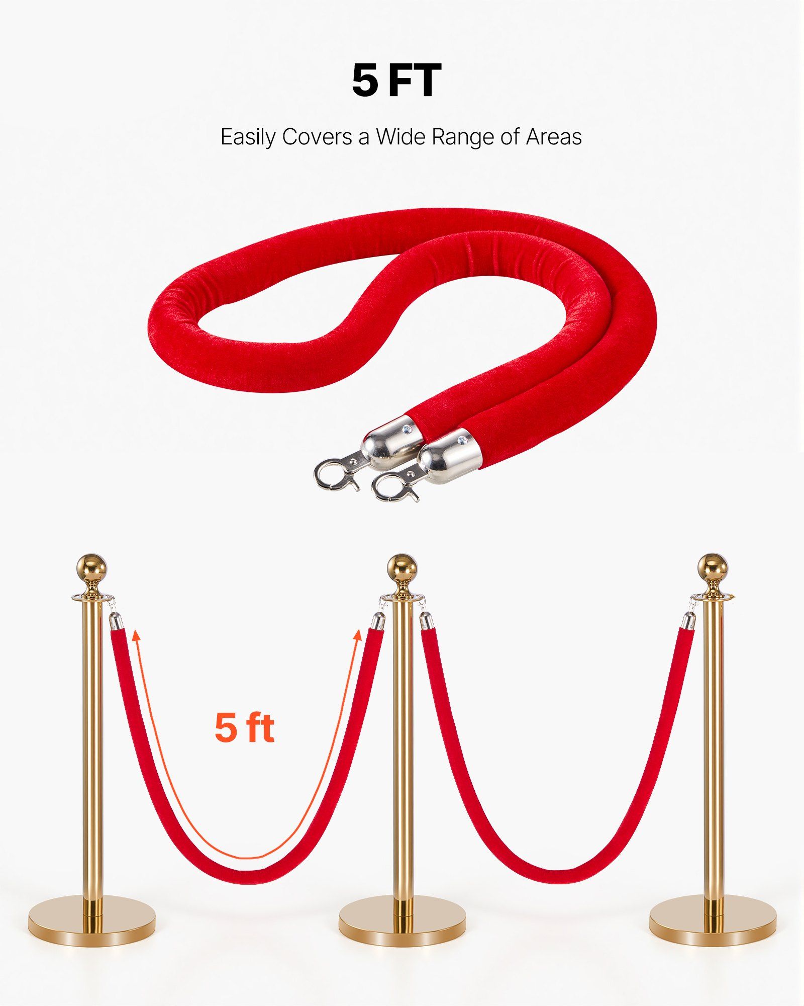 4 Pcs Red Velvet Stanchion Ropes, 1.5 m Crowd Control Stanchion Red Velvet Ropes with Silver Hooks, Post Queue Barrier Carpet Rope for Carpet Events Movie Theaters Grand Openings Hotels Party - Image 5