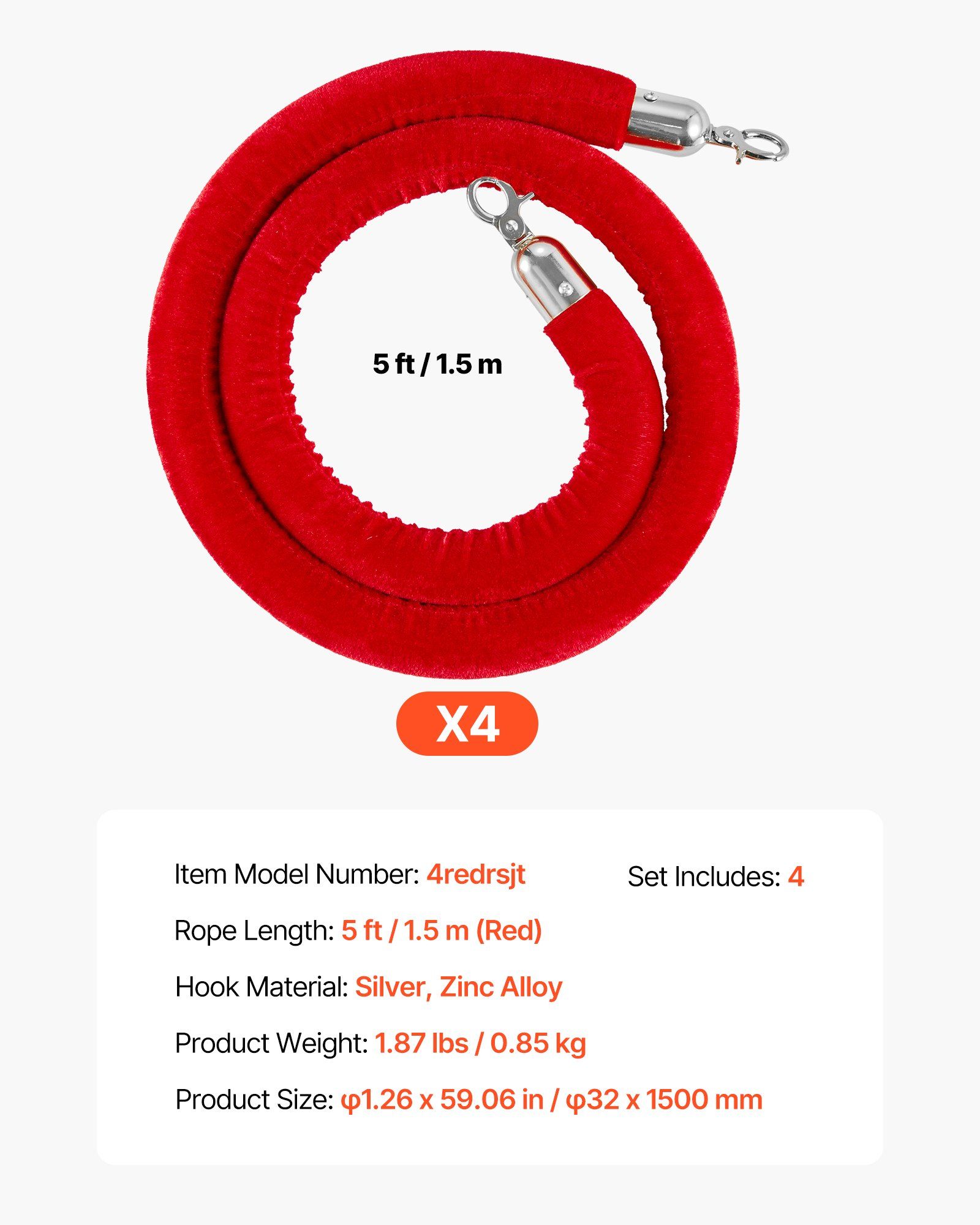 4 Pcs Red Velvet Stanchion Ropes, 1.5 m Crowd Control Stanchion Red Velvet Ropes with Silver Hooks, Post Queue Barrier Carpet Rope for Carpet Events Movie Theaters Grand Openings Hotels Party - Image 7