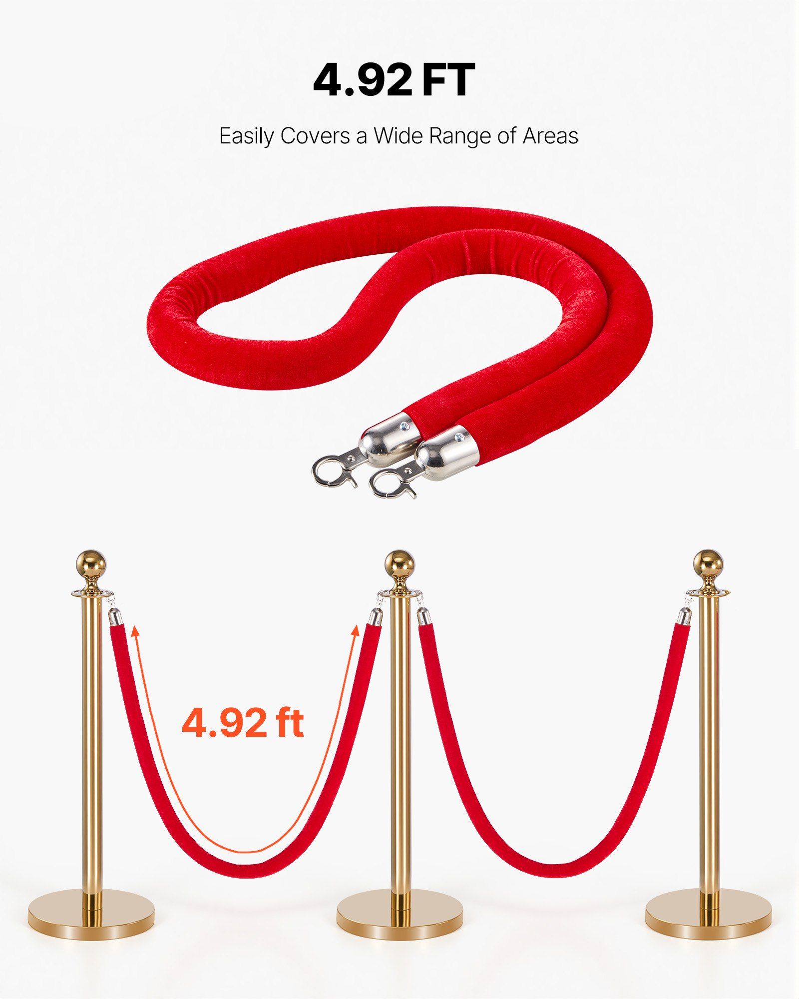 2 Pcs Red Velvet Stanchion Ropes, 1.5 m Crowd Control Stanchion Red Velvet Ropes with Silver Hooks, Post Queue Barrier Carpet Rope for Carpet Events Movie Theaters Grand Openings Hotels Party - Image 5