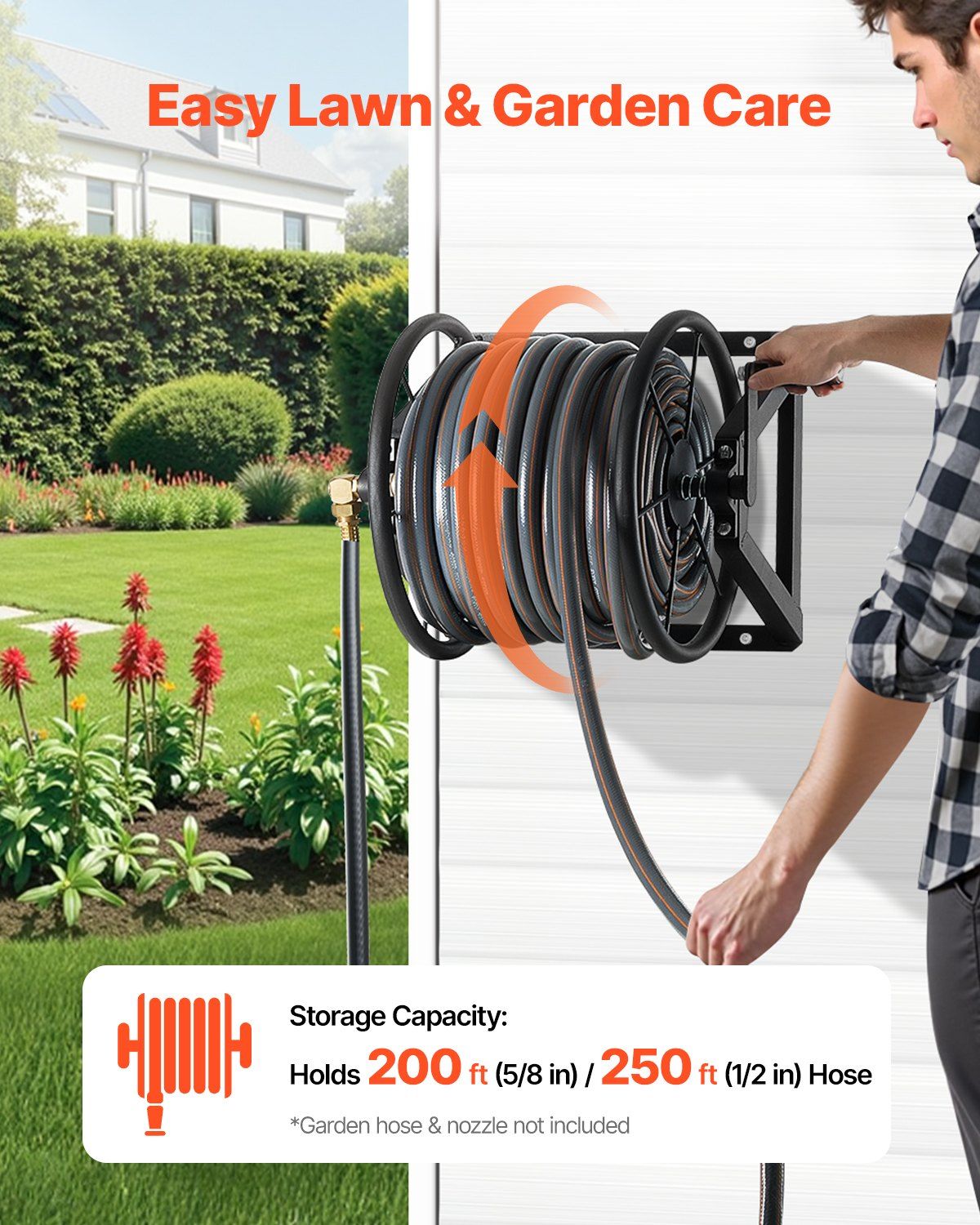 Wall Mounted Garden Hose Reel, Holds 200 ft 5/8-inch Manual Water Hose Winder, Heavy-Duty Steel, Outdoor Reel with Brass Fitting & 5ft Leader Hose, Space Saving, for Yard Lawn Garage - Image 2
