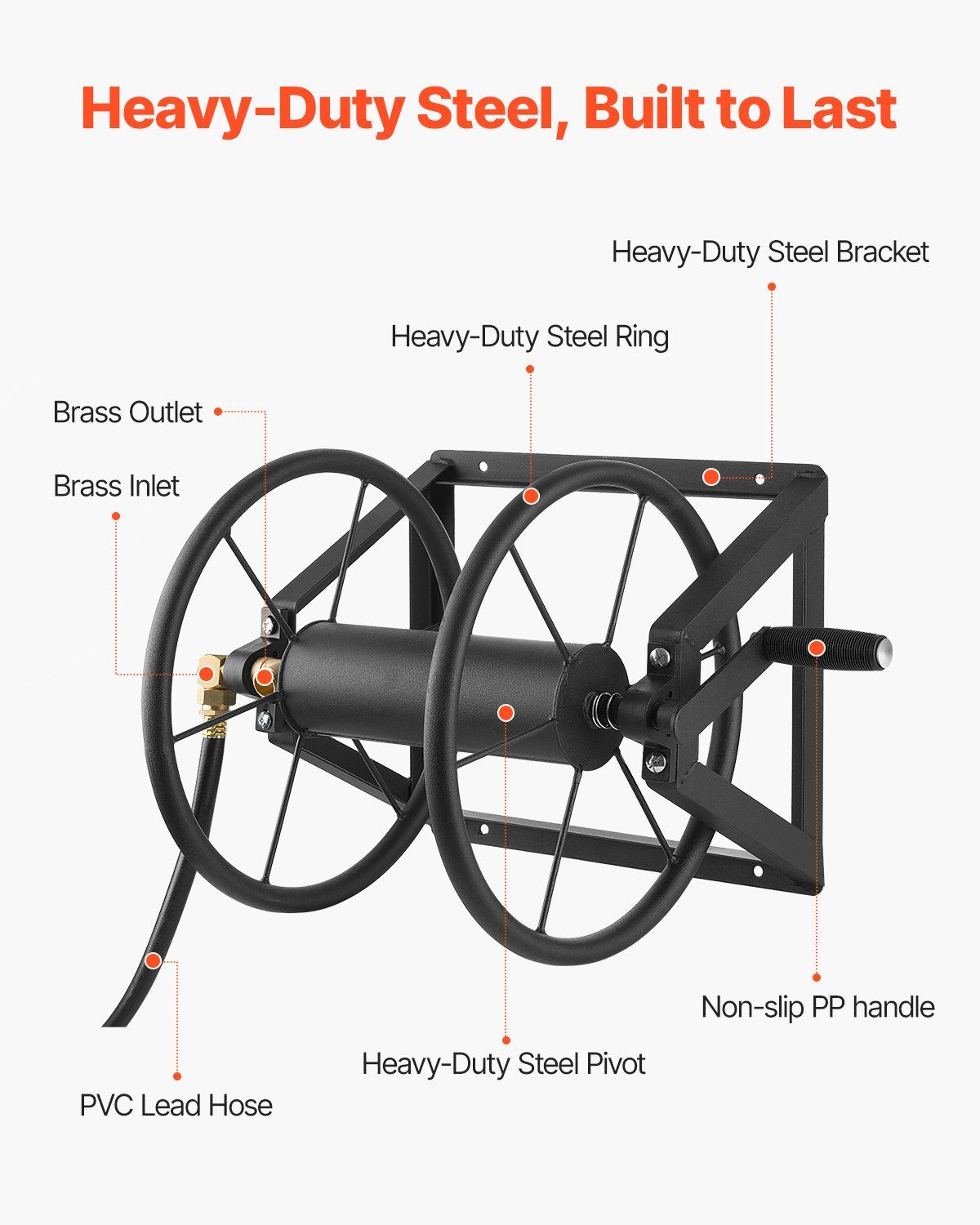 Wall Mounted Garden Hose Reel, Holds 200 ft 5/8-inch Manual Water Hose Winder, Heavy-Duty Steel, Outdoor Reel with Brass Fitting & 5ft Leader Hose, Space Saving, for Yard Lawn Garage - Image 3