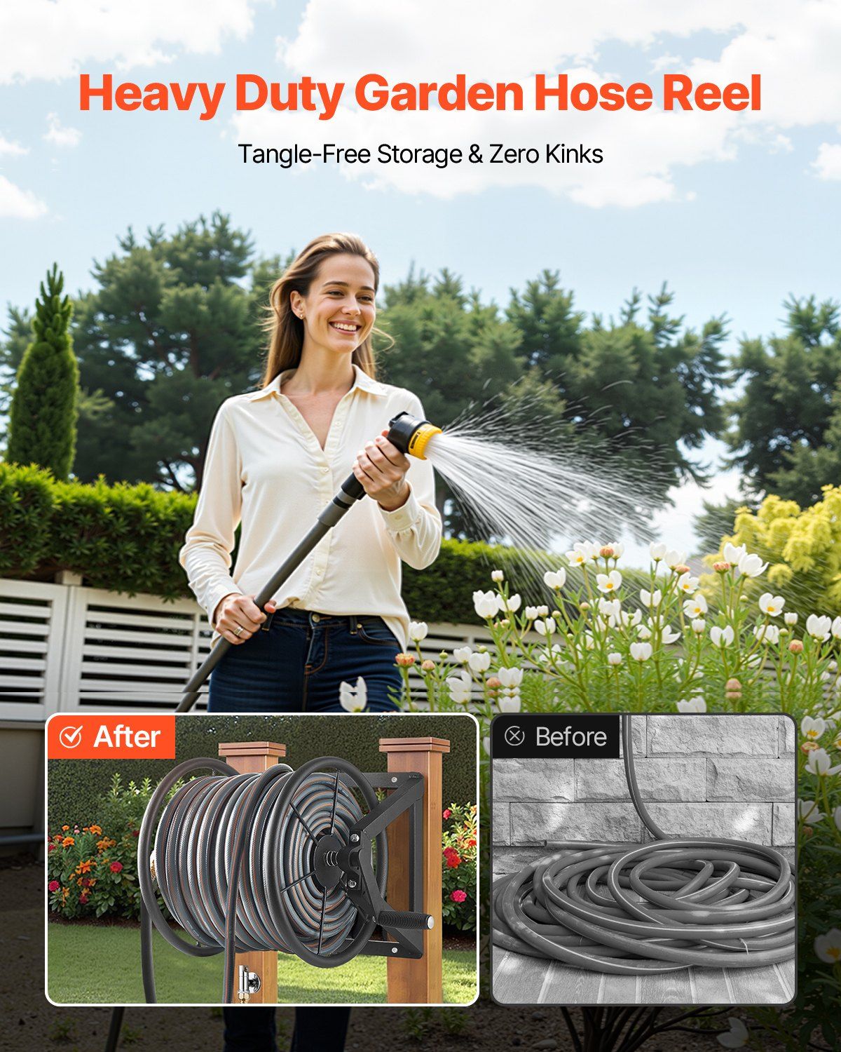 Wall Mounted Garden Hose Reel, Holds 200 ft 5/8-inch Manual Water Hose Winder, Heavy-Duty Steel, Outdoor Reel with Brass Fitting & 5ft Leader Hose, Space Saving, for Yard Lawn Garage - Image 5