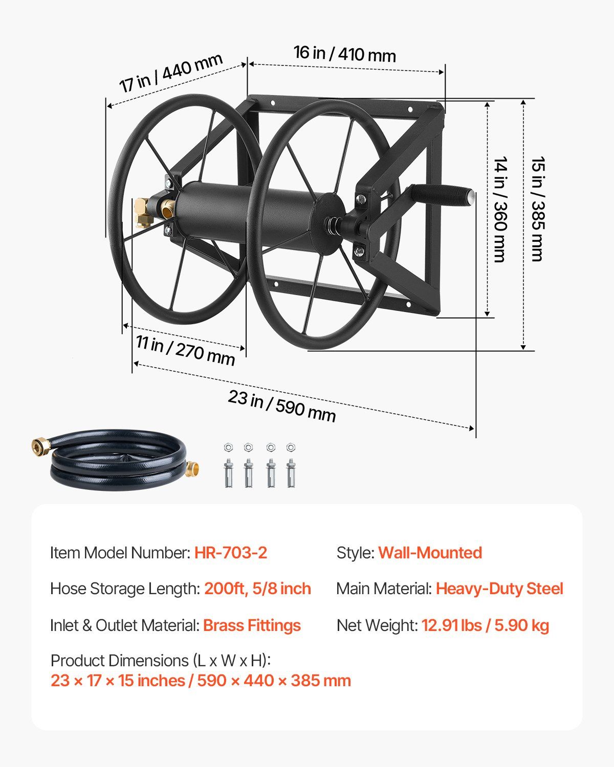 Wall Mounted Garden Hose Reel, Holds 200 ft 5/8-inch Manual Water Hose Winder, Heavy-Duty Steel, Outdoor Reel with Brass Fitting & 5ft Leader Hose, Space Saving, for Yard Lawn Garage - Image 7