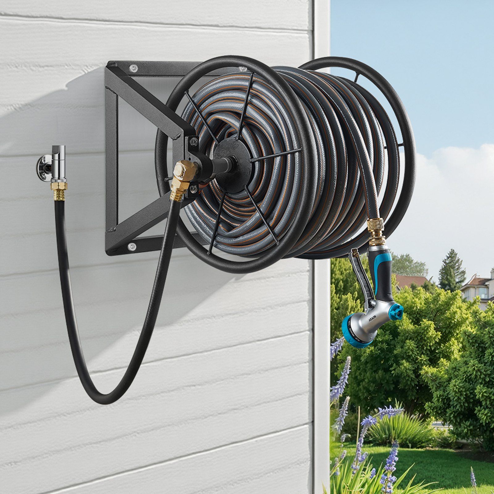 Wall Mounted Garden Hose Reel, Holds 200 ft 5/8-inch Manual Water Hose Winder, Heavy-Duty Steel, Outdoor Reel with Brass Fitting & 5ft Leader Hose, Space Saving, for Yard Lawn Garage - Image 8