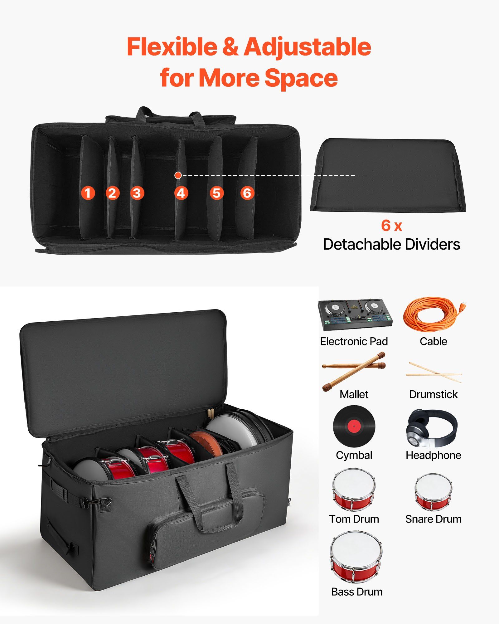 Electronic Drum Kit Bag, 600D, Padded Drum Bag with Wheels, Large 920 x 420 x 410 mm Interior, Lightweight Travel Case with Detachable Dividers, and Multiple Pockets, for Electric Drums, Black - Image 2
