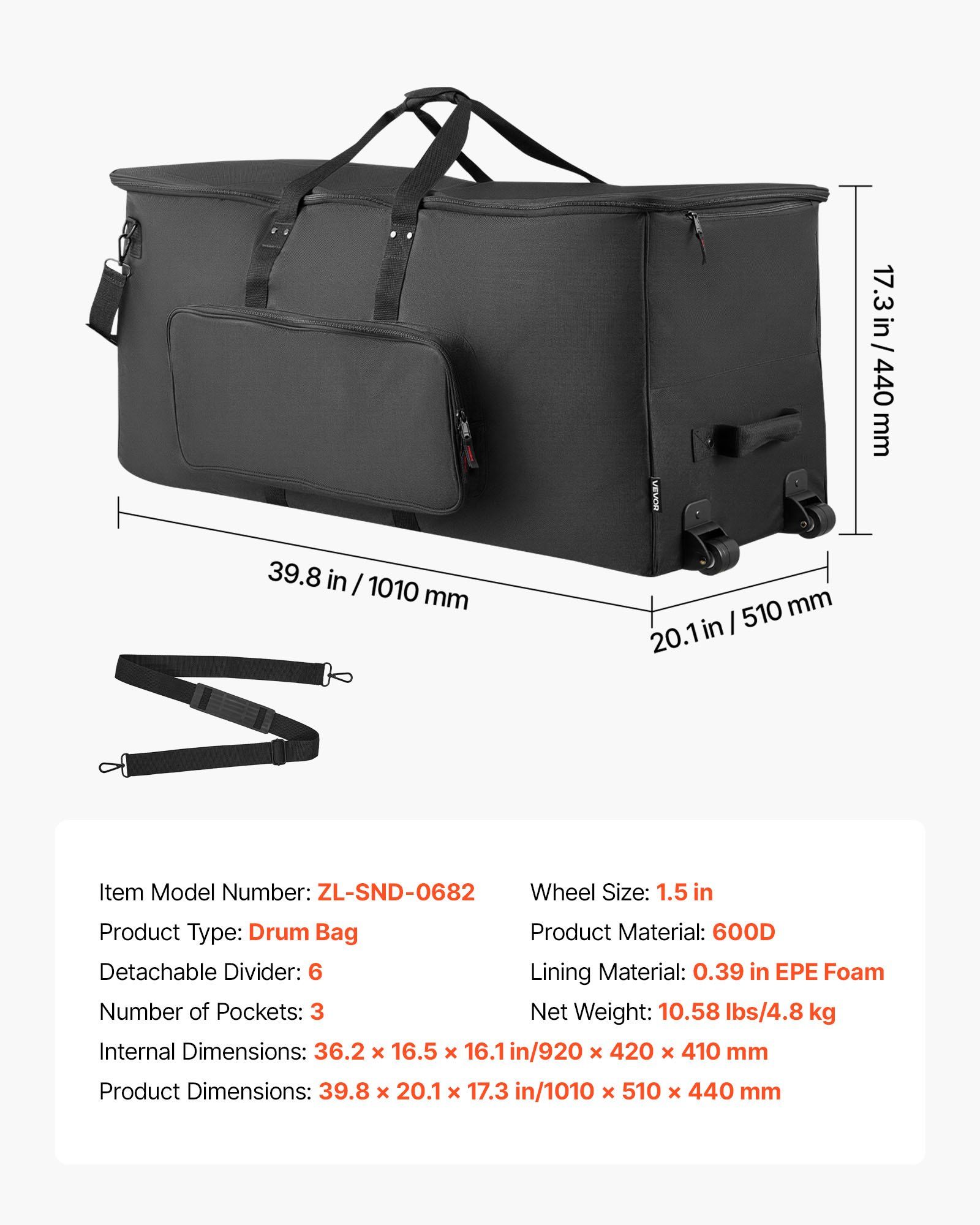 Electronic Drum Kit Bag, 600D, Padded Drum Bag with Wheels, Large 920 x 420 x 410 mm Interior, Lightweight Travel Case with Detachable Dividers, and Multiple Pockets, for Electric Drums, Black - Image 7