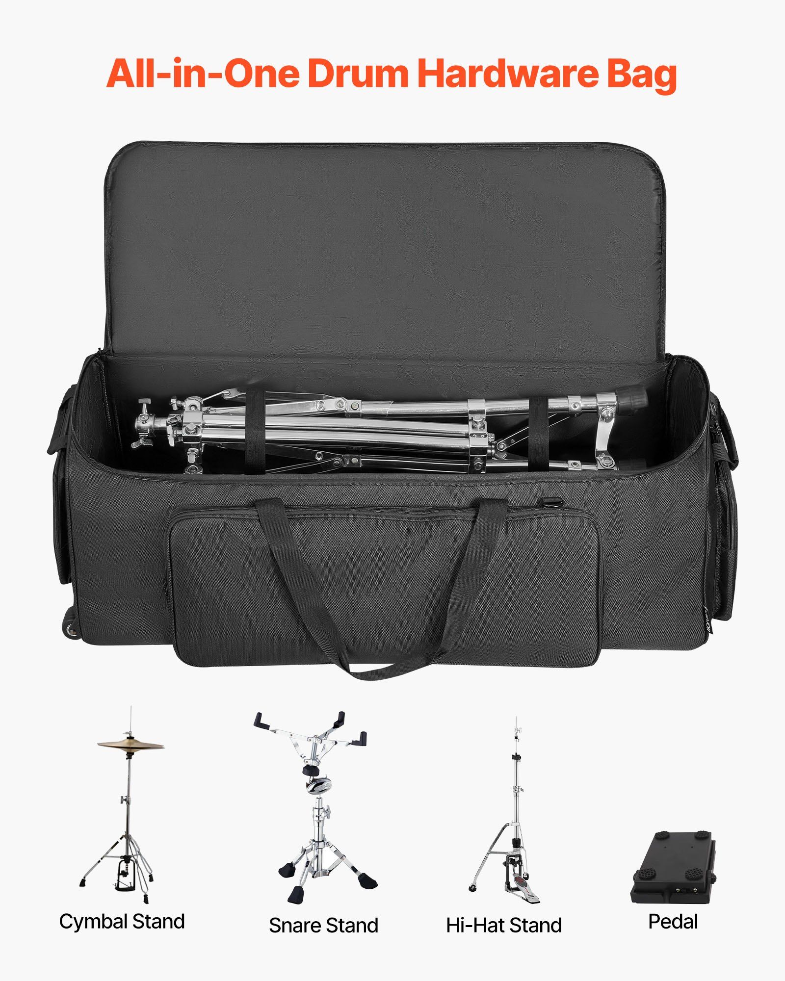 Drum Hardware Bag with Wheels, 1680D, Drum Set Equipment Carry Bag, Carrying Case with Sturdy Handle, Durable Zipper, Smooth PVC Wheels, Multiple Pockets, for Hardware and Stand Accessory, Black - Image 2