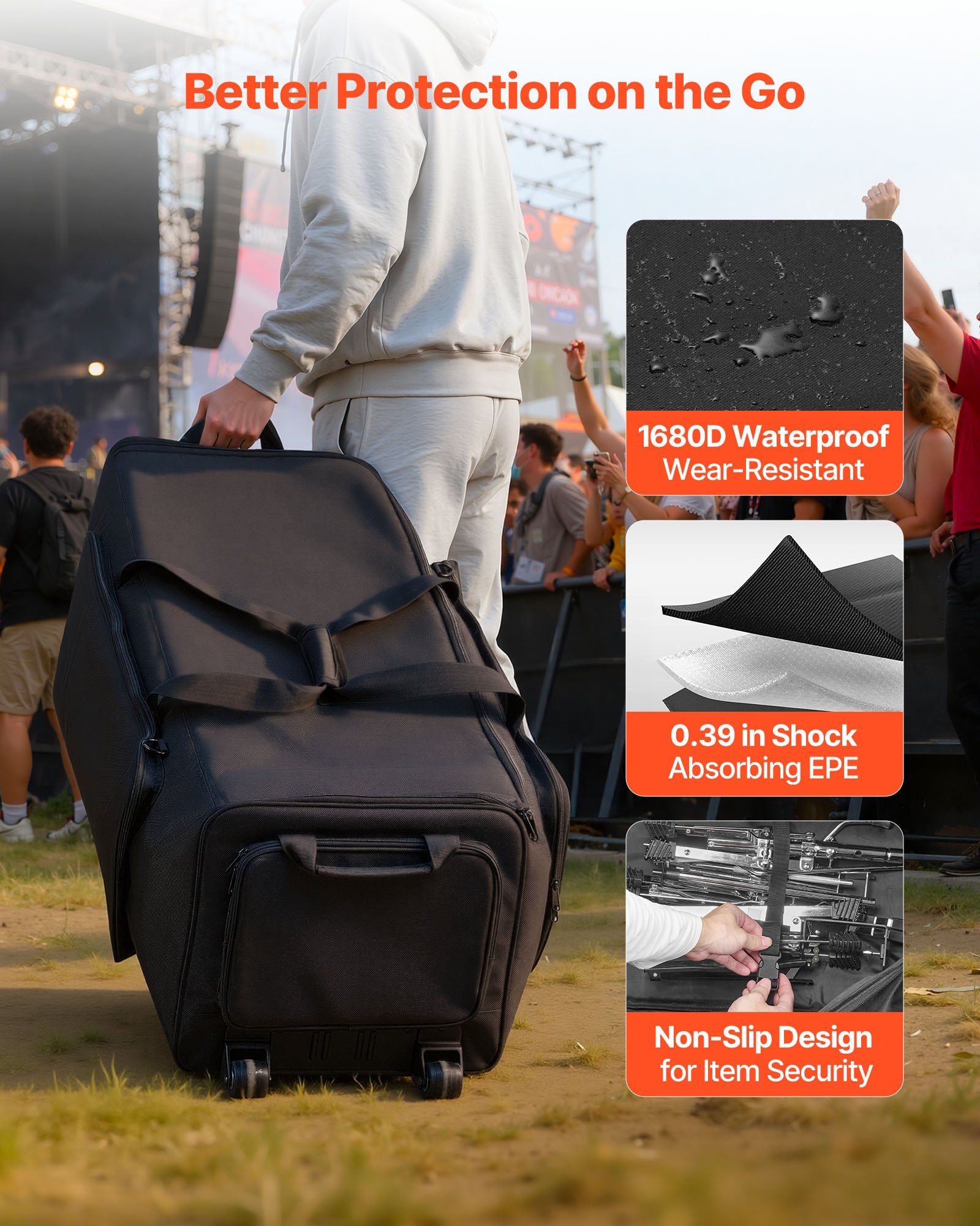 Drum Hardware Bag with Wheels, 1680D, Drum Set Equipment Carry Bag, Carrying Case with Sturdy Handle, Durable Zipper, Smooth PVC Wheels, Multiple Pockets, for Hardware and Stand Accessory, Black - Image 3