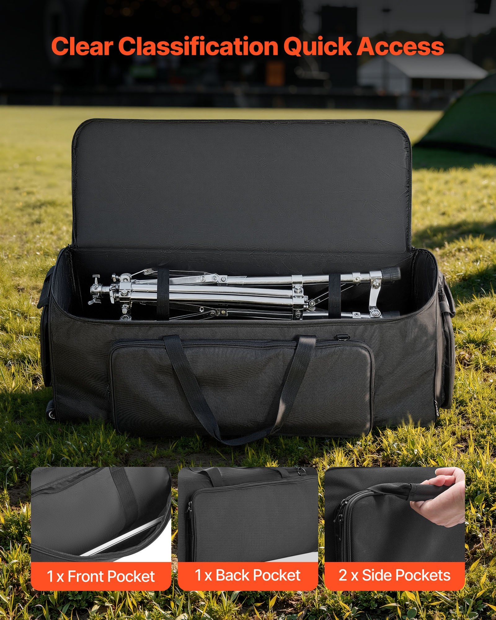 Drum Hardware Bag with Wheels, 1680D, Drum Set Equipment Carry Bag, Carrying Case with Sturdy Handle, Durable Zipper, Smooth PVC Wheels, Multiple Pockets, for Hardware and Stand Accessory, Black - Image 4