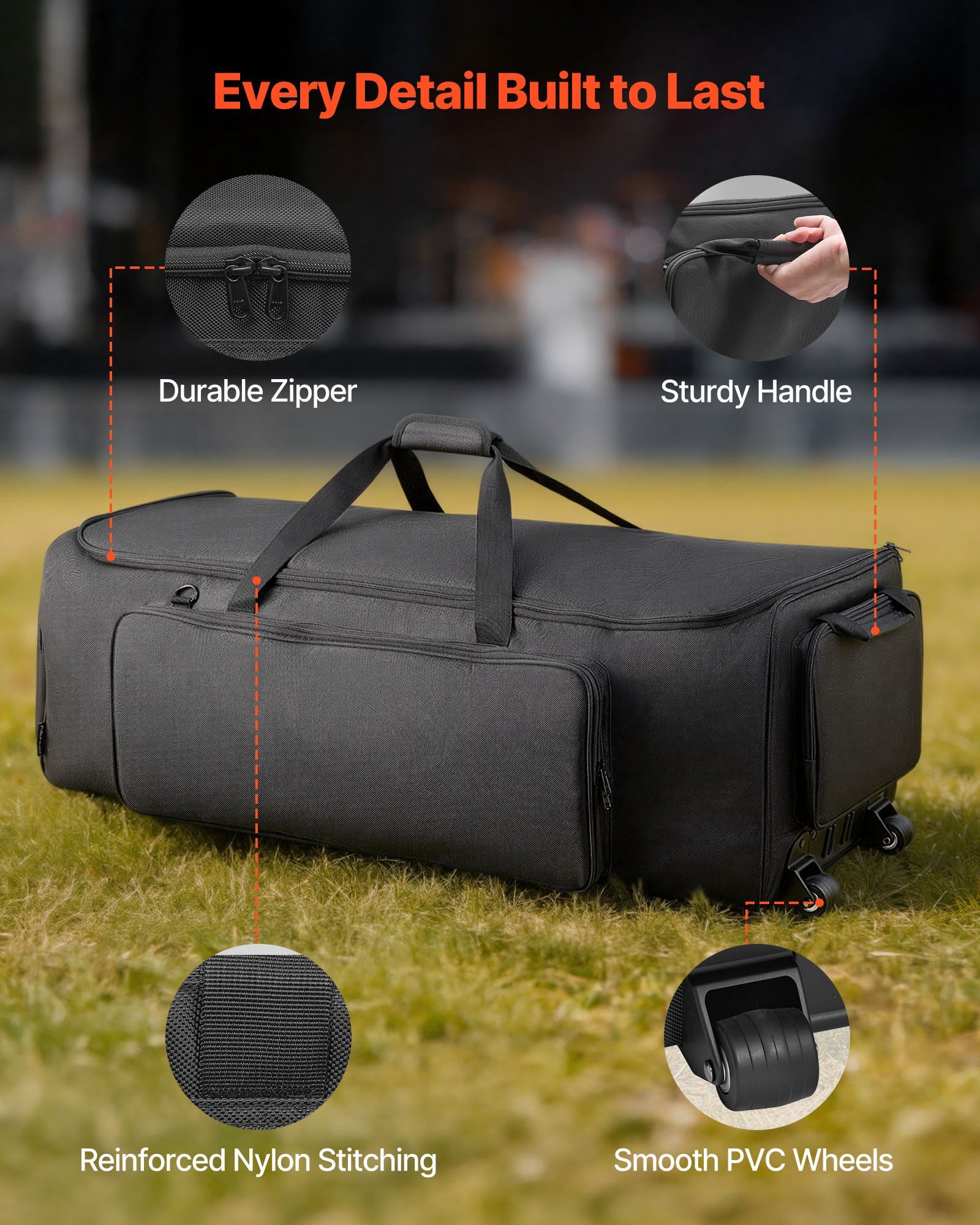 Drum Hardware Bag with Wheels, 1680D, Drum Set Equipment Carry Bag, Carrying Case with Sturdy Handle, Durable Zipper, Smooth PVC Wheels, Multiple Pockets, for Hardware and Stand Accessory, Black - Image 6