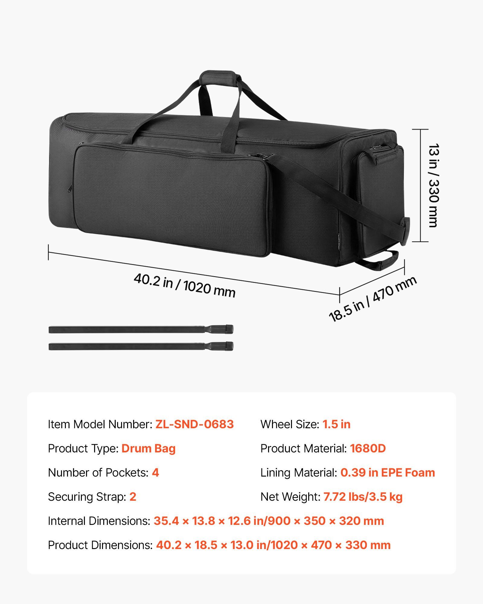 Drum Hardware Bag with Wheels, 1680D, Drum Set Equipment Carry Bag, Carrying Case with Sturdy Handle, Durable Zipper, Smooth PVC Wheels, Multiple Pockets, for Hardware and Stand Accessory, Black - Image 7