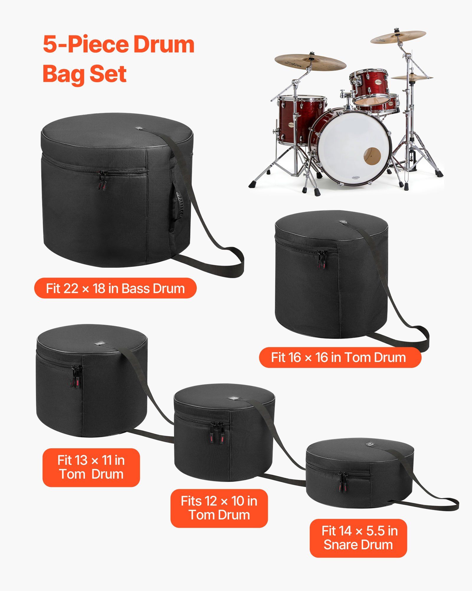 5-Piece Drum Case Set, 600D, Padded Drum Bags for Bass, Tom, and Snare, Thick Padding, Lightweight Protective Covers, Travel Storage Cases with Portable Handle, for Drums Accessories Protection - Image 2