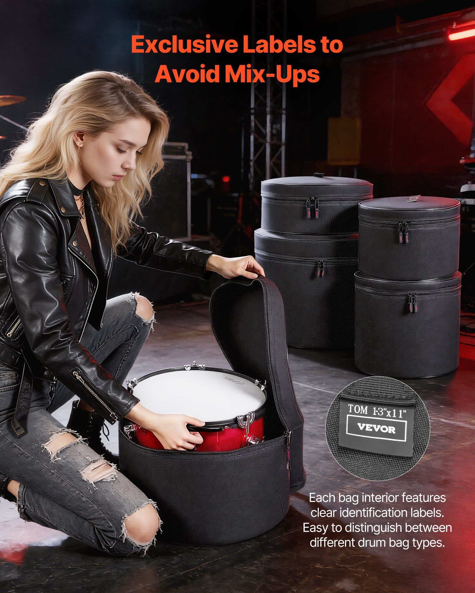 5-Piece Drum Case Set, 600D, Padded Drum Bags for Bass, Tom, and Snare, Thick Padding, Lightweight Protective Covers, Travel Storage Cases with Portable Handle, for Drums Accessories Protection - Image 4