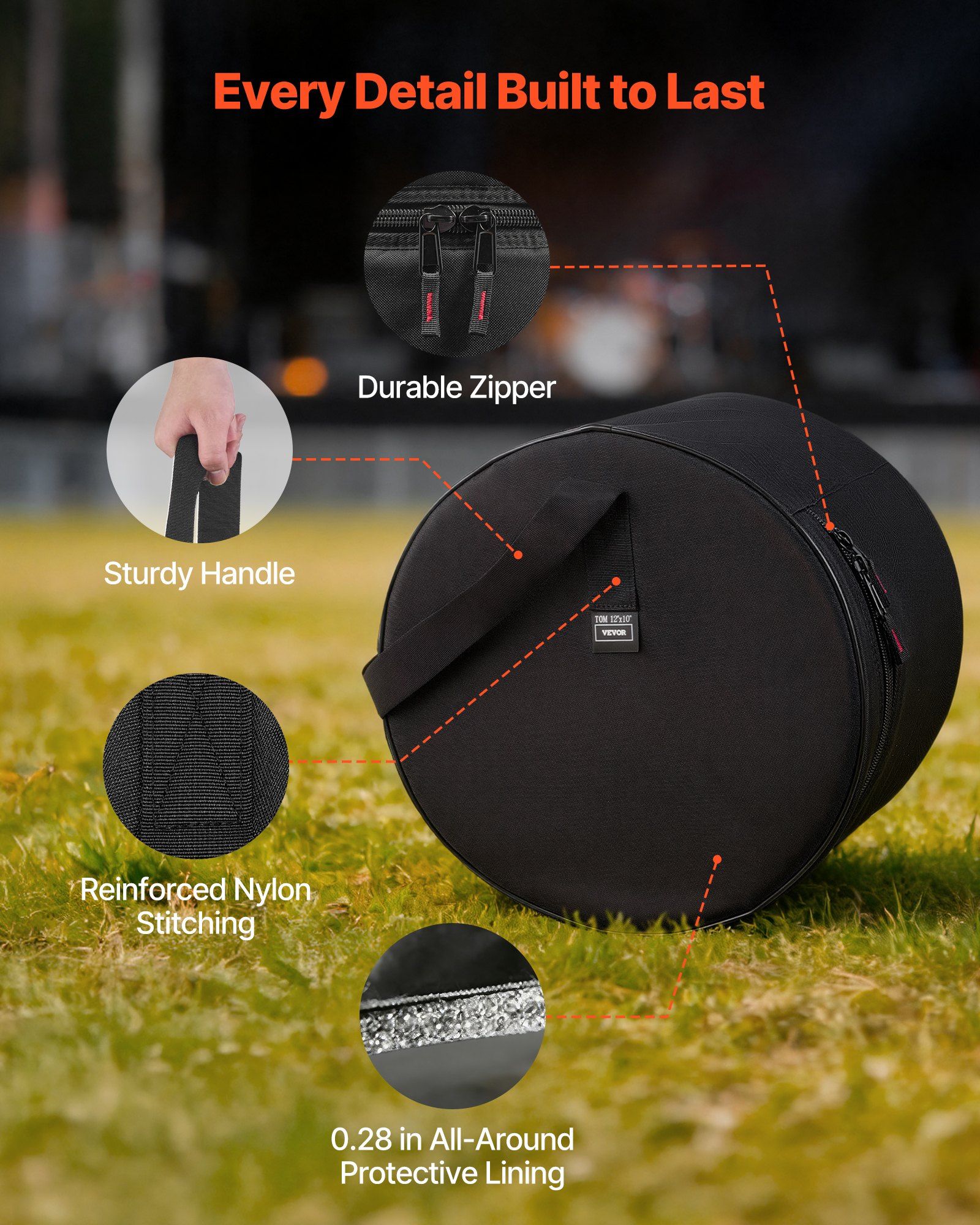 5-Piece Drum Case Set, 600D, Padded Drum Bags for Bass, Tom, and Snare, Thick Padding, Lightweight Protective Covers, Travel Storage Cases with Portable Handle, for Drums Accessories Protection - Image 6