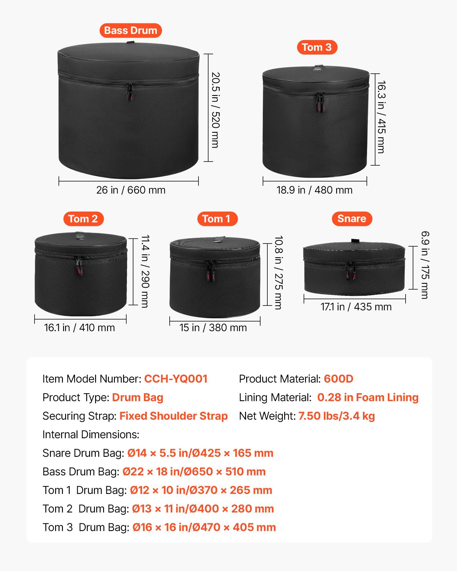 5-Piece Drum Case Set, 600D, Padded Drum Bags for Bass, Tom, and Snare, Thick Padding, Lightweight Protective Covers, Travel Storage Cases with Portable Handle, for Drums Accessories Protection - Image 7