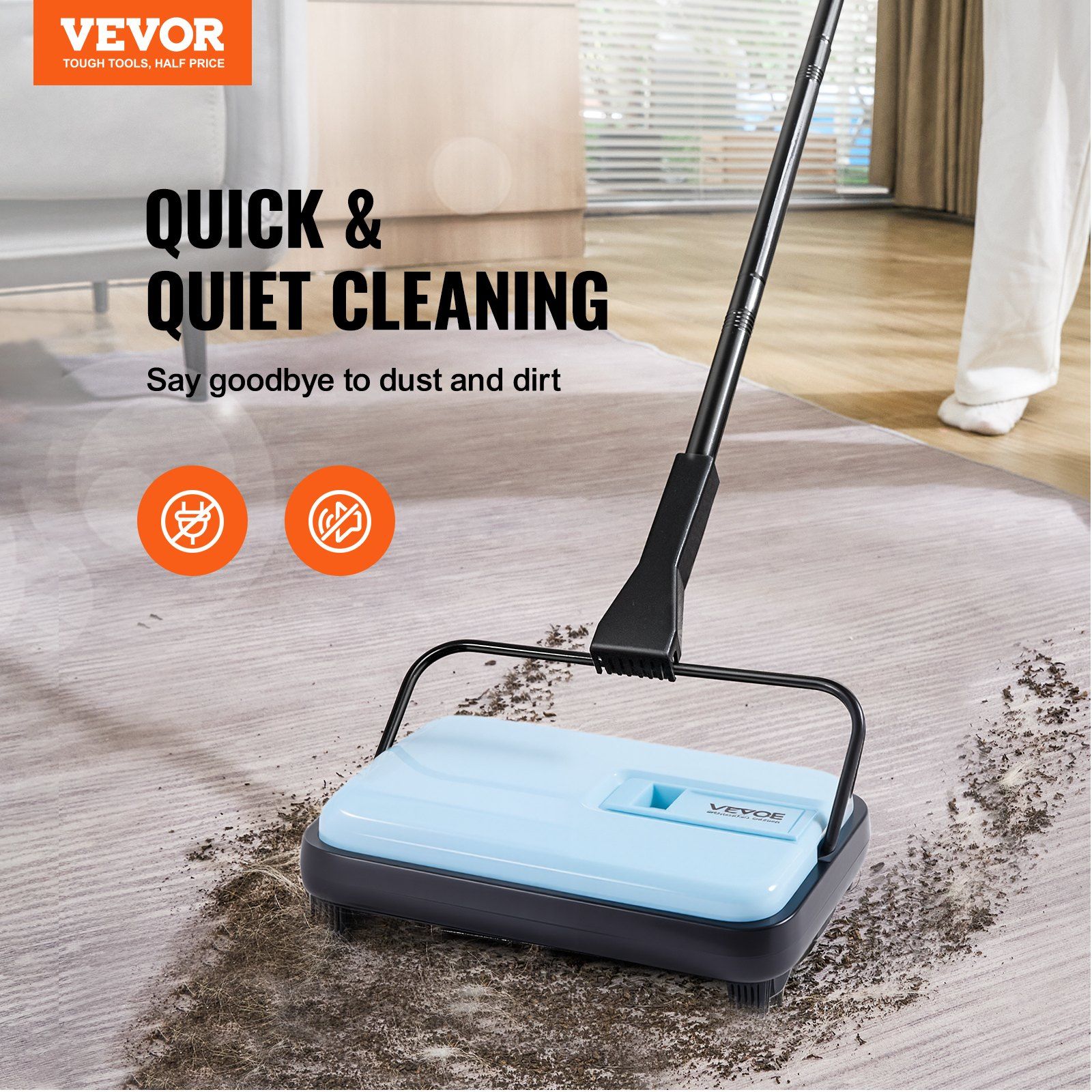 Carpet Sweeper Manual, Floor Sweeper with 300 ml Dustbin Capacity Easy to Empty, 17 cm Cleaning Width for Home Office Carpets Pet Hair Dust, Blue - Image 2