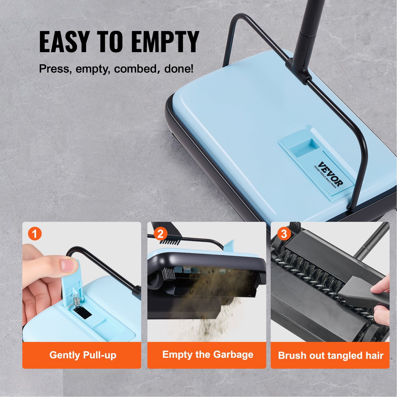 Carpet Sweeper Manual, Floor Sweeper with 300 ml Dustbin Capacity Easy to Empty, 17 cm Cleaning Width for Home Office Carpets Pet Hair Dust, Blue - Image 4