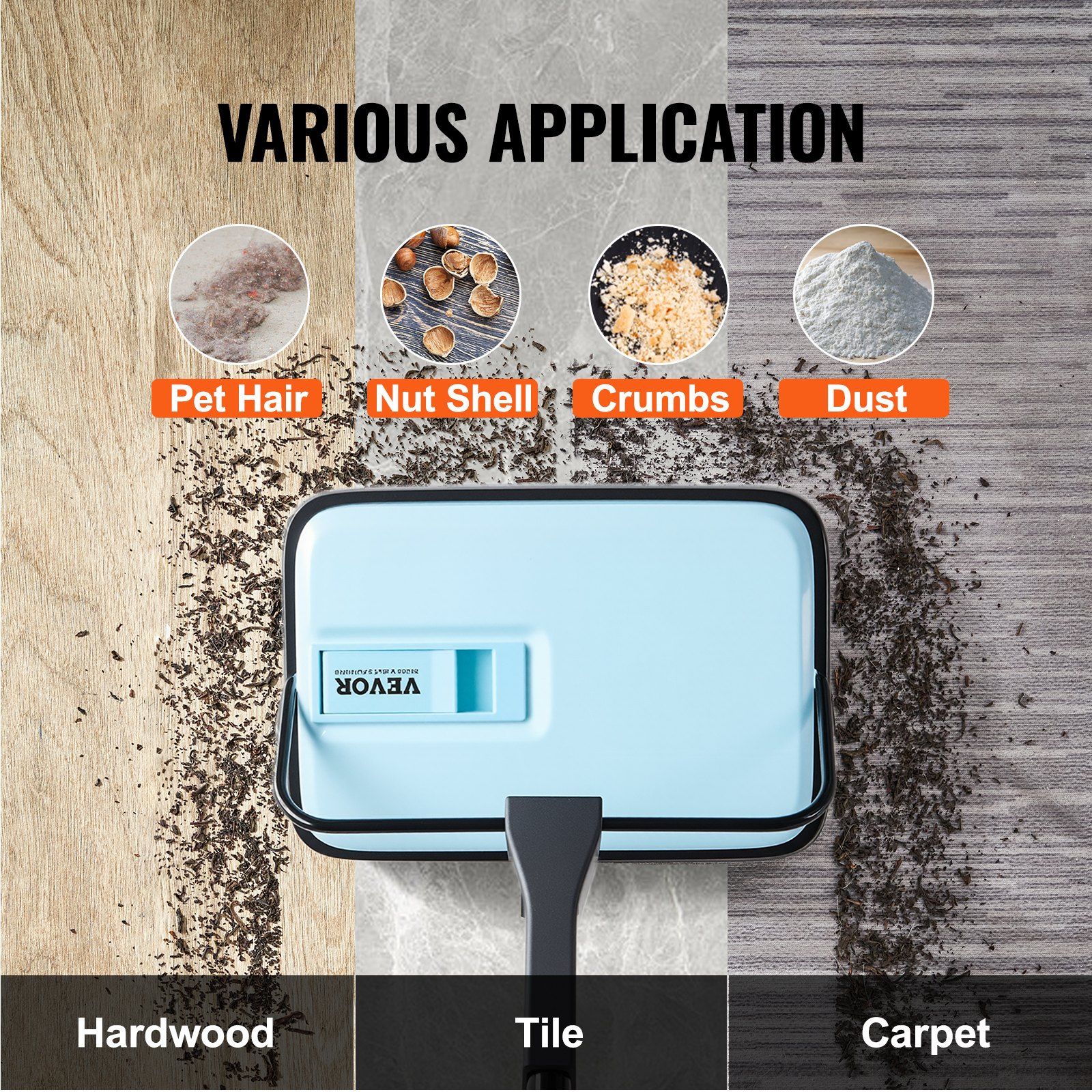 Carpet Sweeper Manual, Floor Sweeper with 300 ml Dustbin Capacity Easy to Empty, 17 cm Cleaning Width for Home Office Carpets Pet Hair Dust, Blue - Image 6