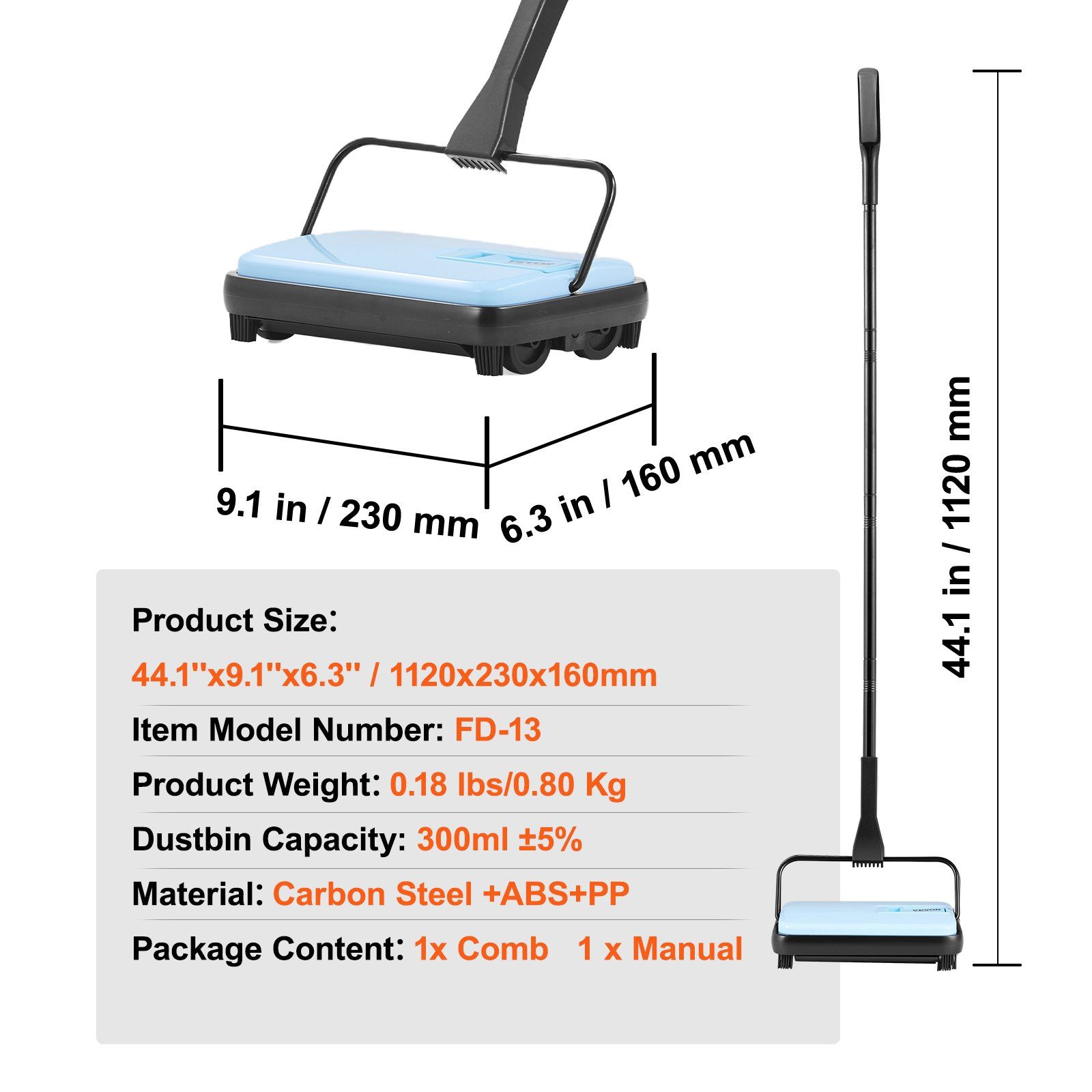 Carpet Sweeper Manual, Floor Sweeper with 300 ml Dustbin Capacity Easy to Empty, 17 cm Cleaning Width for Home Office Carpets Pet Hair Dust, Blue - Image 7