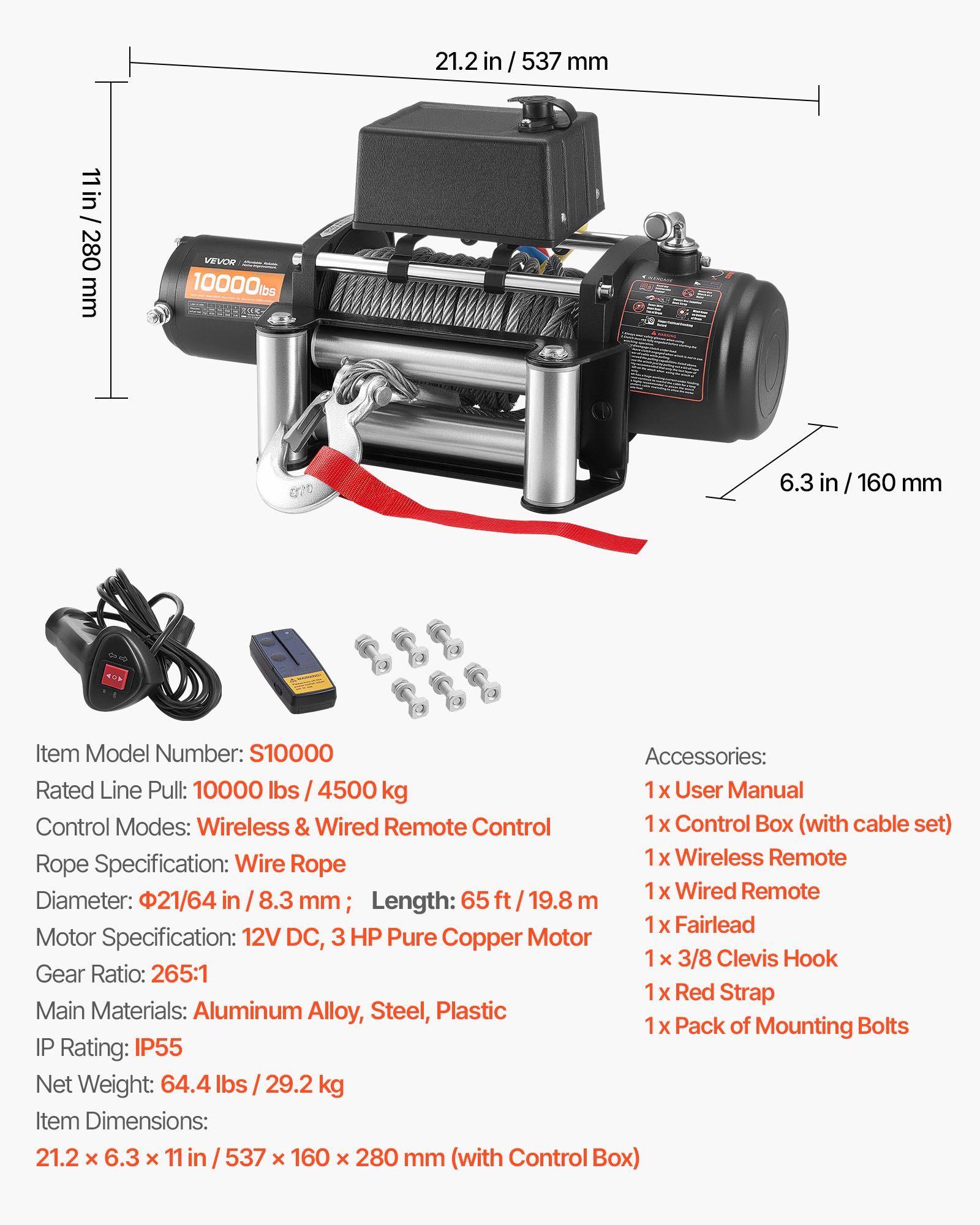 Electric Winch, 4500 kg Load Capacity, 12V DC Truck Winch with Φ8.3 mm x 19.8 m Steel Rope, Wireless & Wired Remote Control, IP55 Waterproof for Towing SUV Jeep Trailer Boat Off-Road Vehicle - Image 7