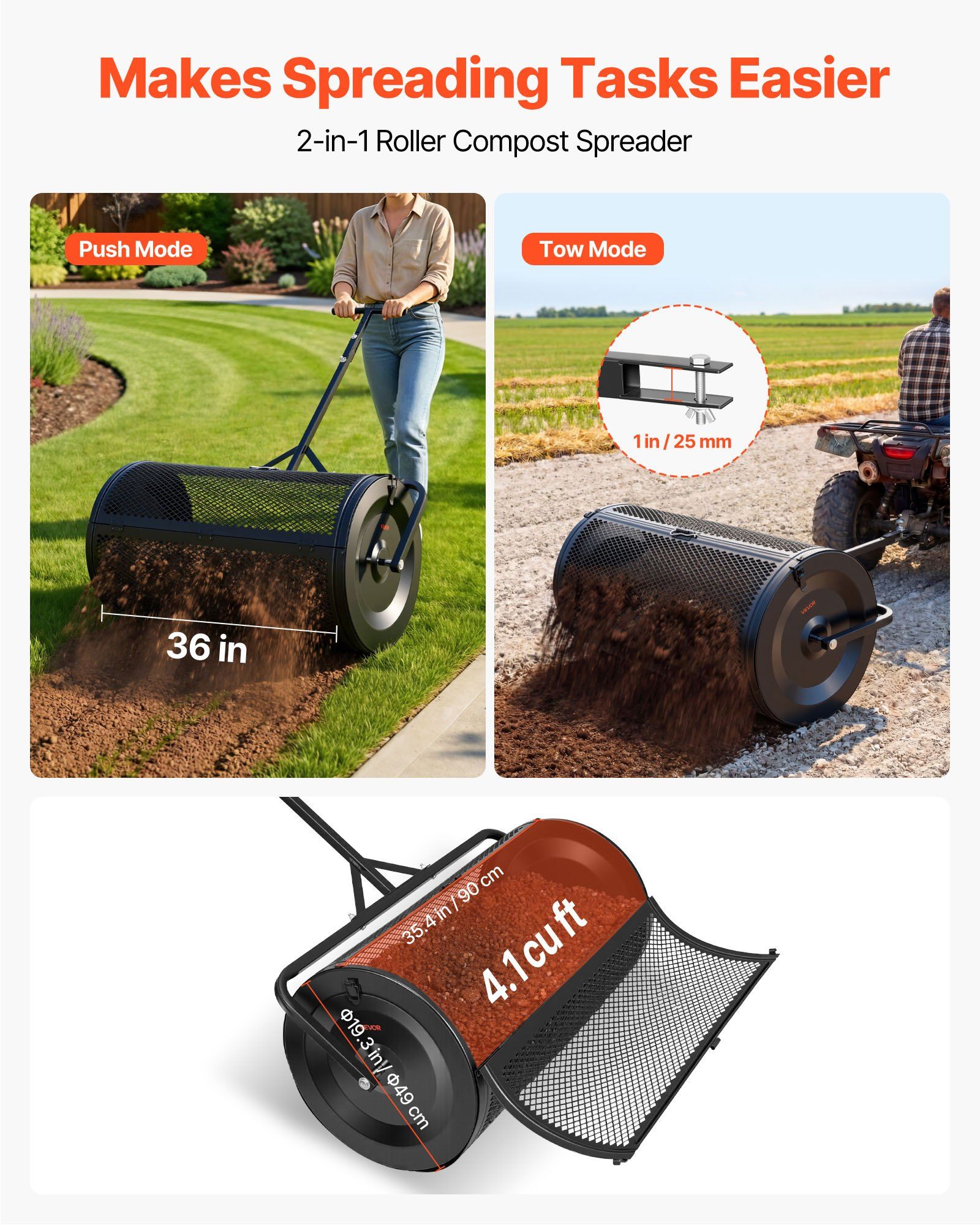 Compost Spreader, 91 cm Wide Peat Moss Spreader with Push/Tow Handle, 4 Heights Adjustable, Powder-Coated Steel Garden Peat Moss Roller, Heavy Duty Grass Seed Roller for Planting Seeding, Black - Image 2