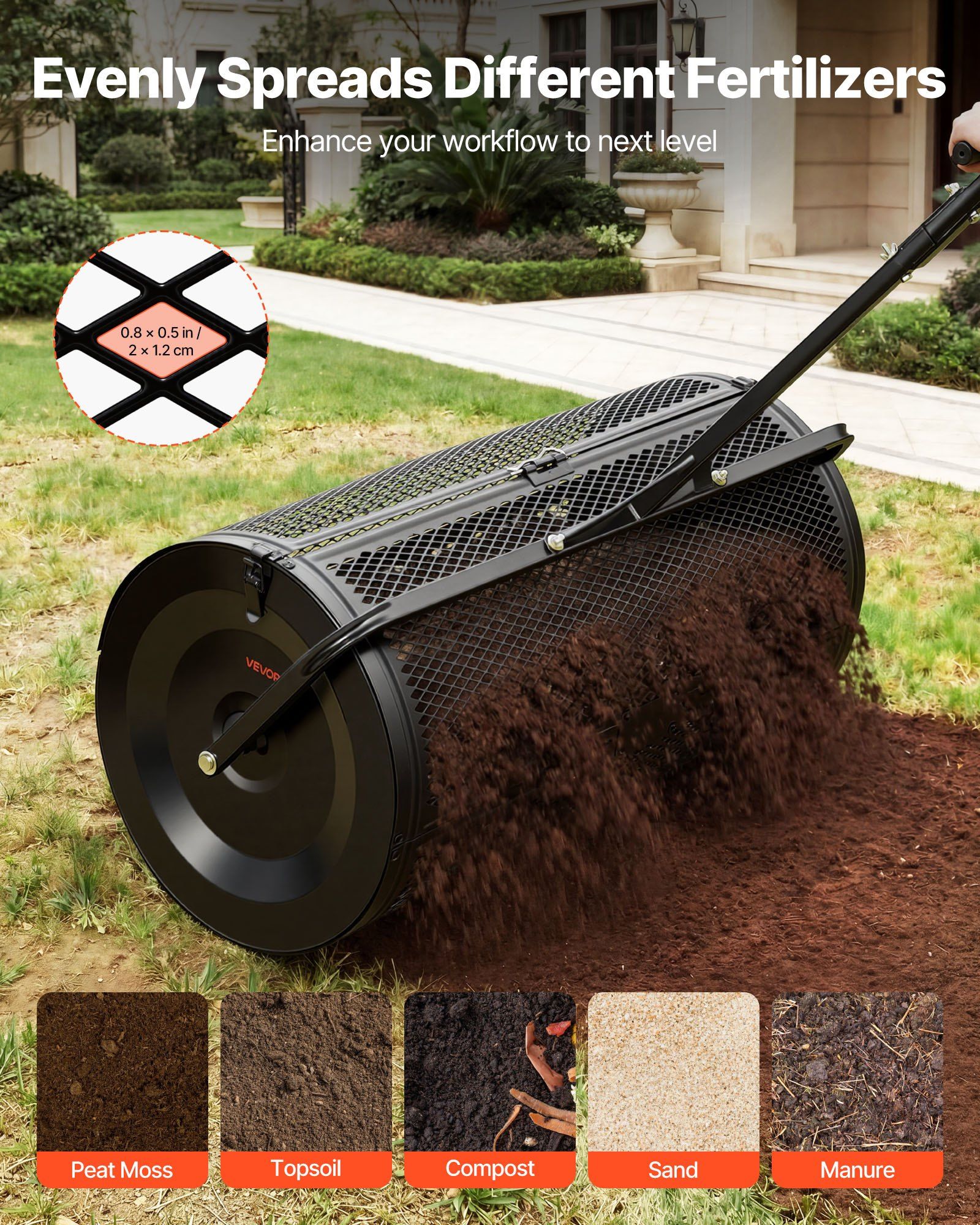 Compost Spreader, 91 cm Wide Peat Moss Spreader with Push/Tow Handle, 4 Heights Adjustable, Powder-Coated Steel Garden Peat Moss Roller, Heavy Duty Grass Seed Roller for Planting Seeding, Black - Image 3