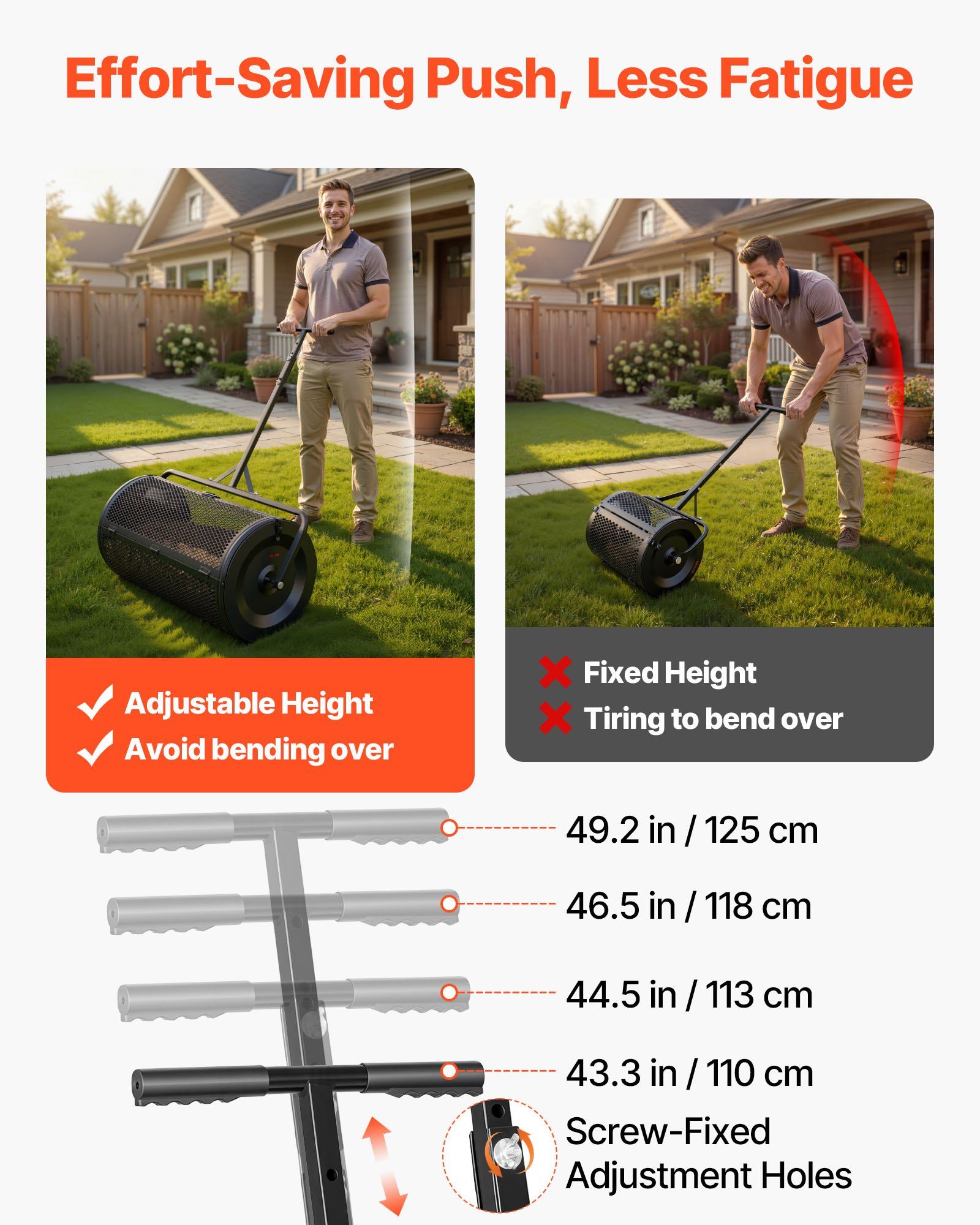 Compost Spreader, 91 cm Wide Peat Moss Spreader with Push/Tow Handle, 4 Heights Adjustable, Powder-Coated Steel Garden Peat Moss Roller, Heavy Duty Grass Seed Roller for Planting Seeding, Black - Image 6