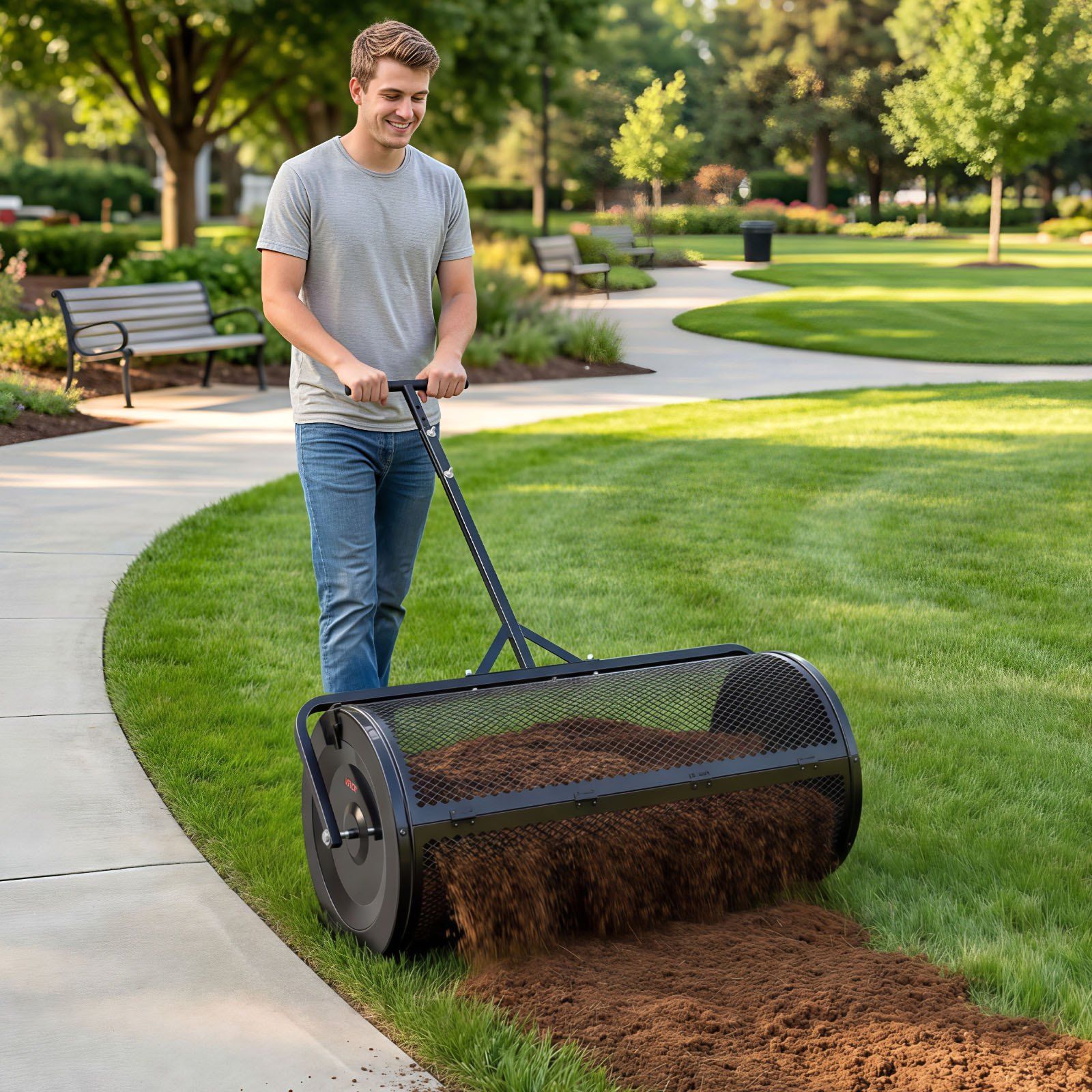 Compost Spreader, 91 cm Wide Peat Moss Spreader with Push/Tow Handle, 4 Heights Adjustable, Powder-Coated Steel Garden Peat Moss Roller, Heavy Duty Grass Seed Roller for Planting Seeding, Black - Image 8