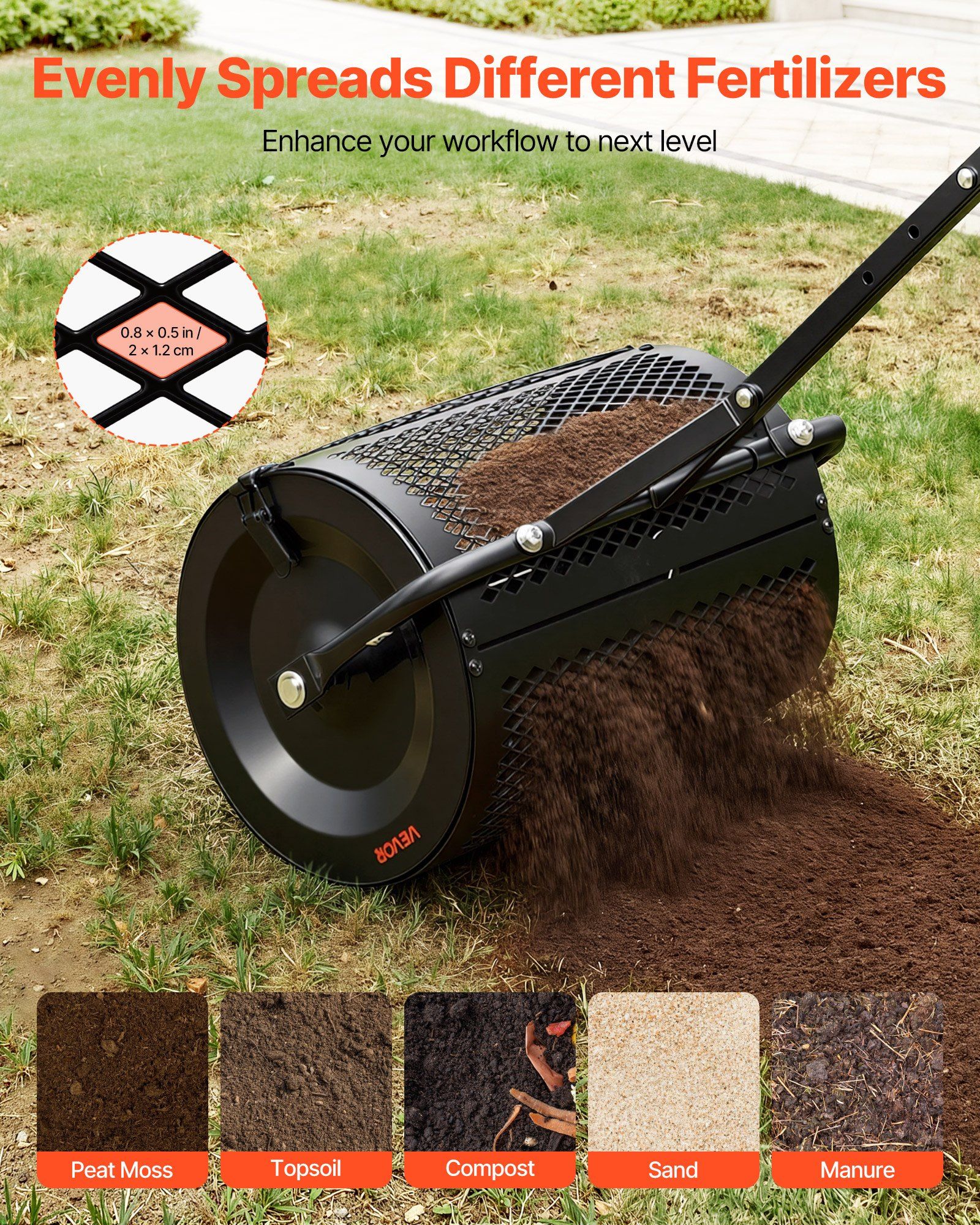 Compost Spreader, 42 cm Wide Peat Moss Spreader with T Shaped Handle, 3 Heights Adjustable, Powder-Coated Steel Garden Peat Moss Roller, Heavy Duty Grass Seed Roller for Planting Seeding, Black - Image 3